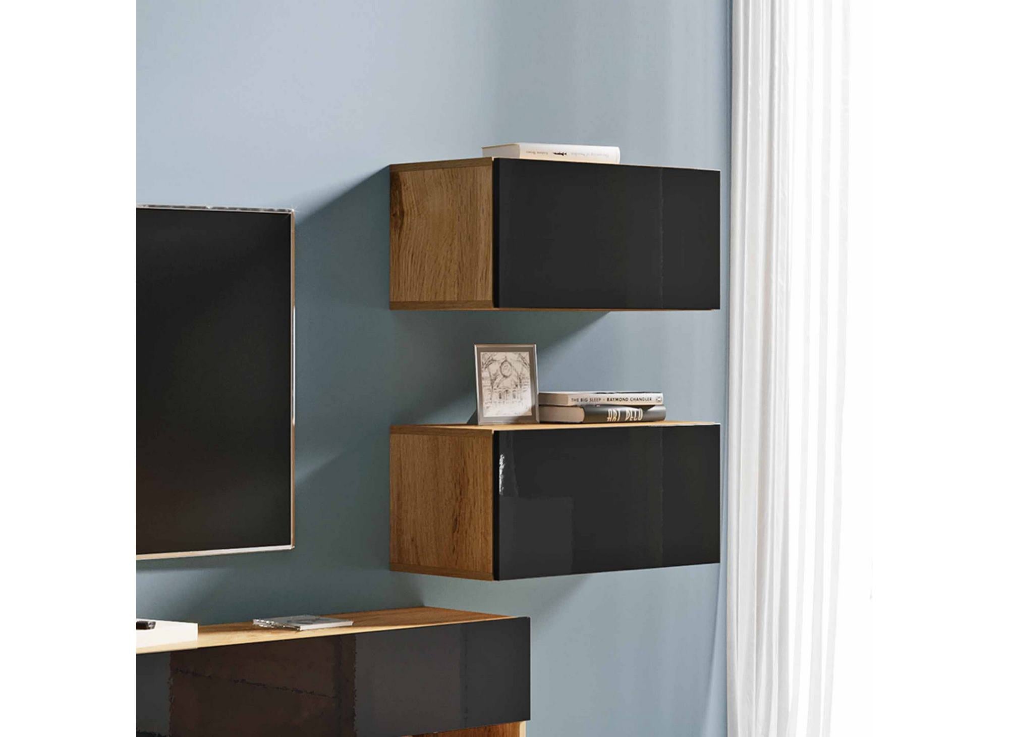 Meuble TV contemporain chêne noir laqué avec LED - AMANDA