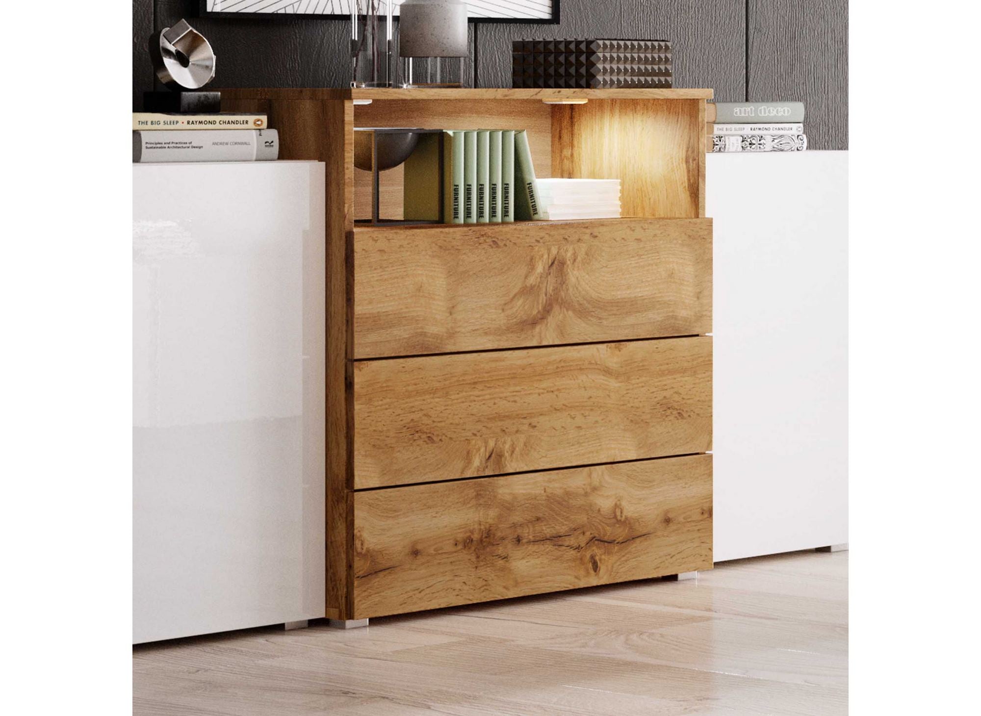 Buffet commodes 2 portes 3 tiroirs blanc et bois avec LED - MARCEL