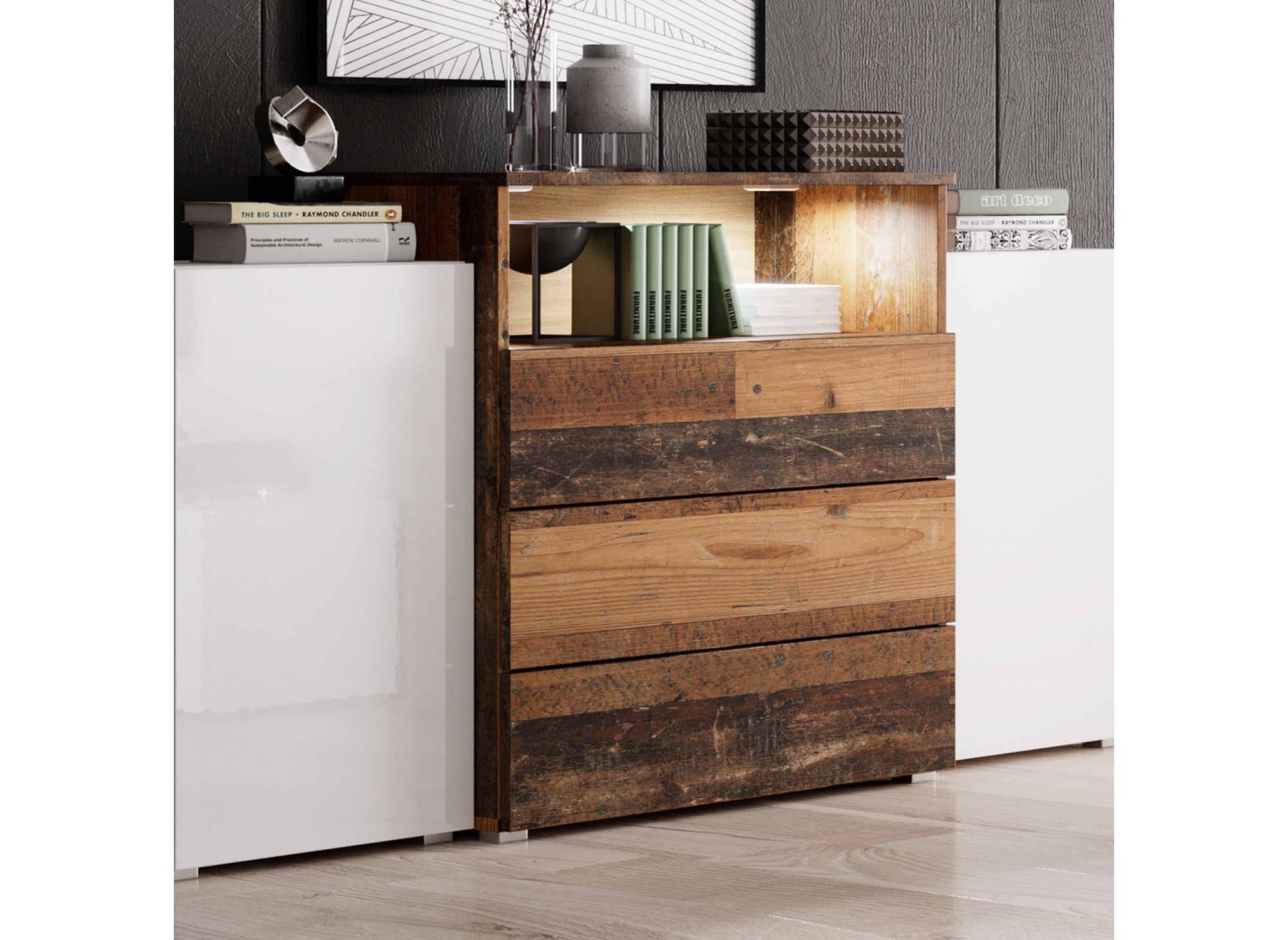 Credenza con 2 ante e 3 cassetti in rovere bianco e invecchiato con LED - MARCEL
