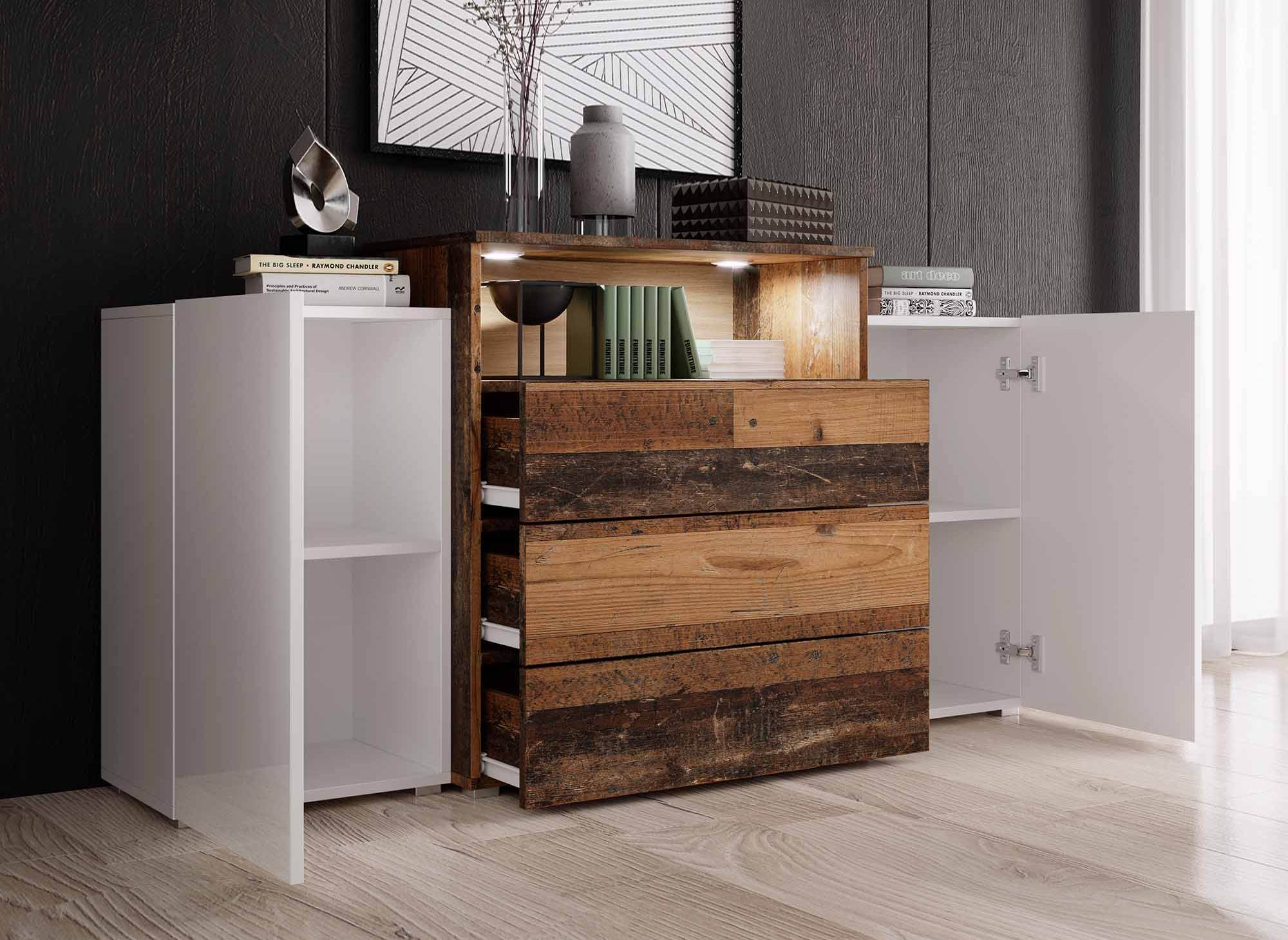 Credenza con 2 ante e 3 cassetti in rovere bianco e invecchiato con LED - MARCEL