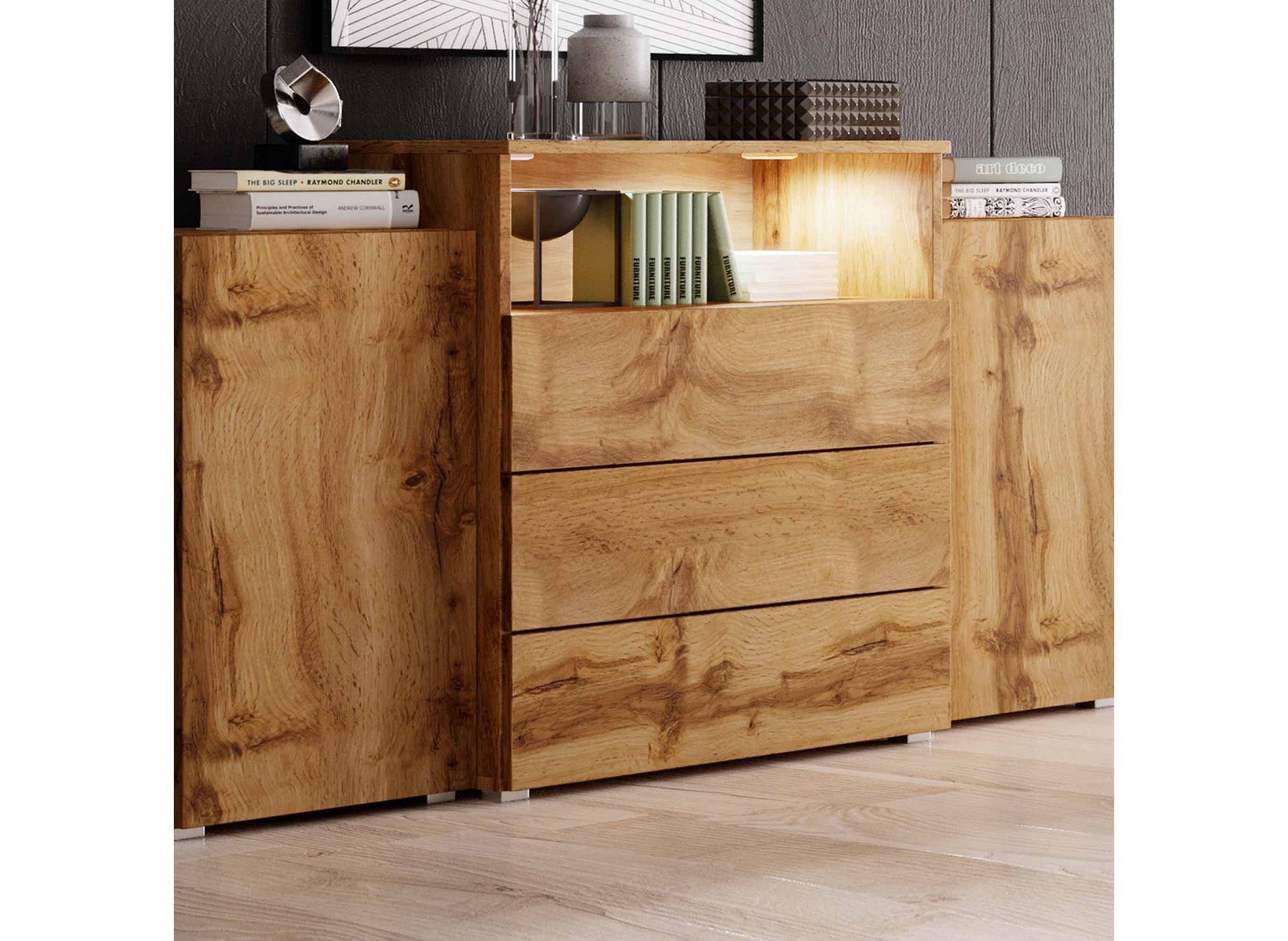 Buffet commodes 2 portes 3 tiroirs chêne avec LED - MARCEL