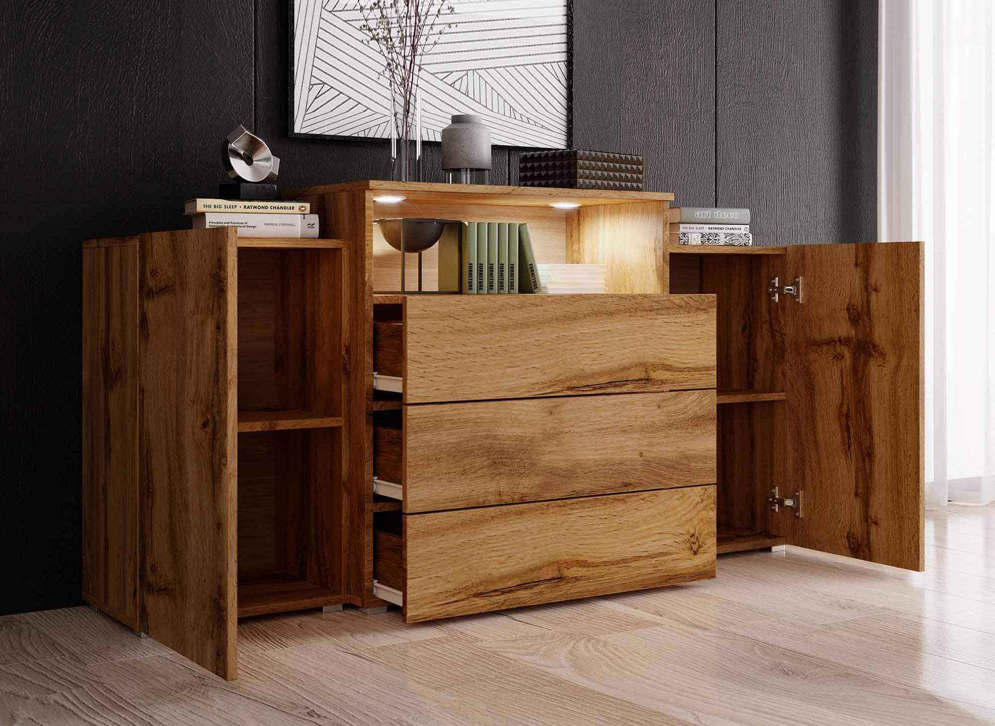 Buffet commodes 2 portes 3 tiroirs chêne avec LED - MARCEL