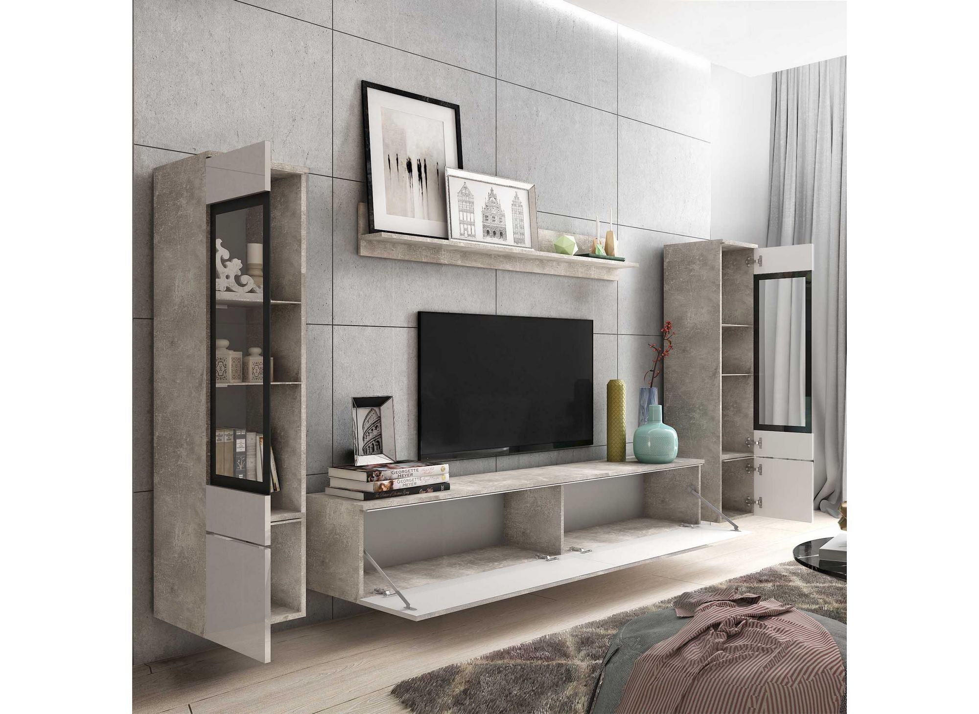 Meuble TV contemporain gris béton et blanc laqué avec LED - VERONICA XL