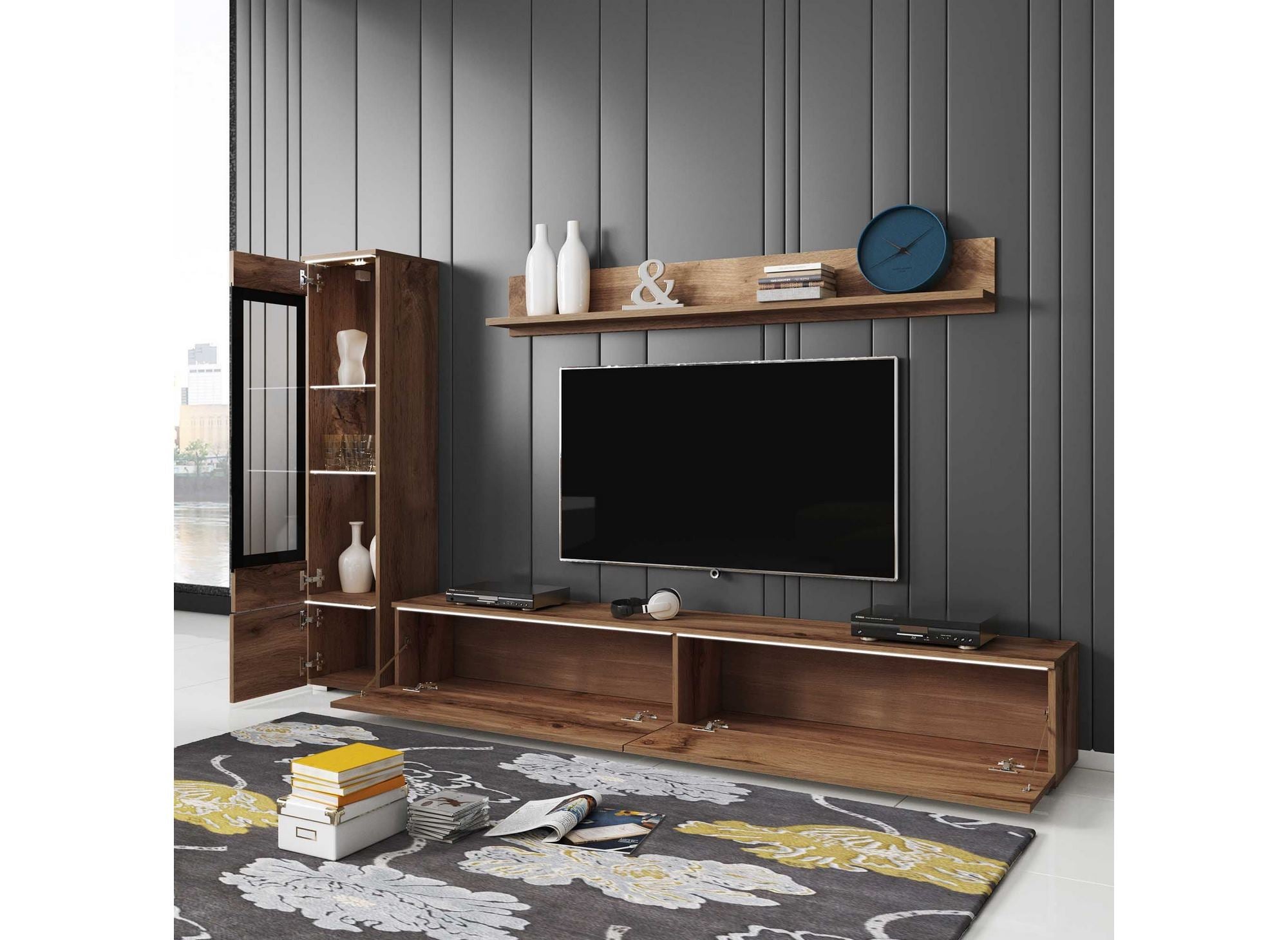 Meuble TV contemporain chêne vieilli avec LED - VERONICA