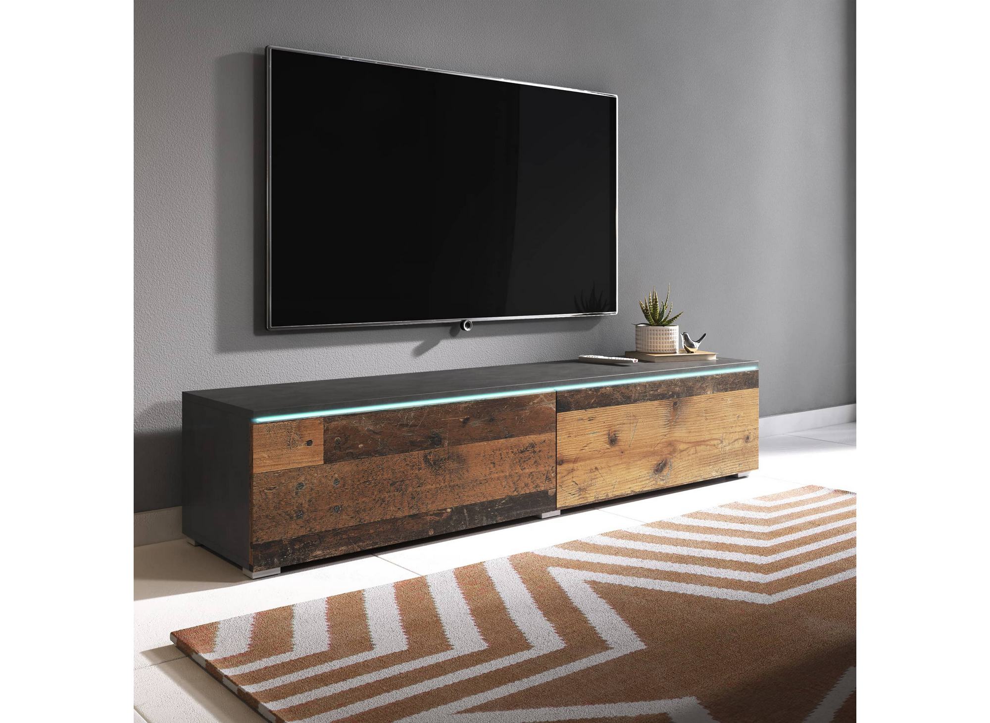 Meuble TV contemporain anthracite et chêne avec LED 2 portes MALORIE - 180 cm