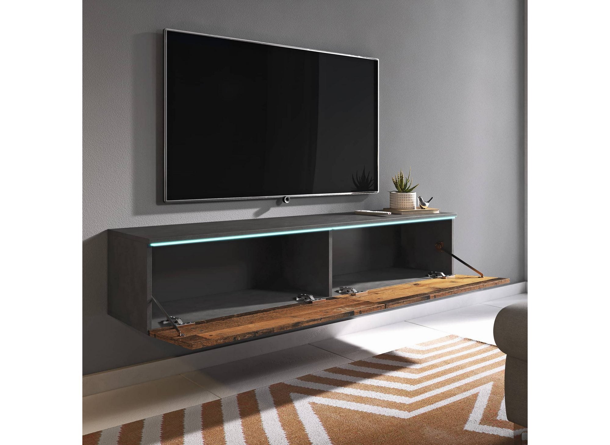 Meuble TV contemporain anthracite et chêne avec LED 2 portes MALORIE - 180 cm
