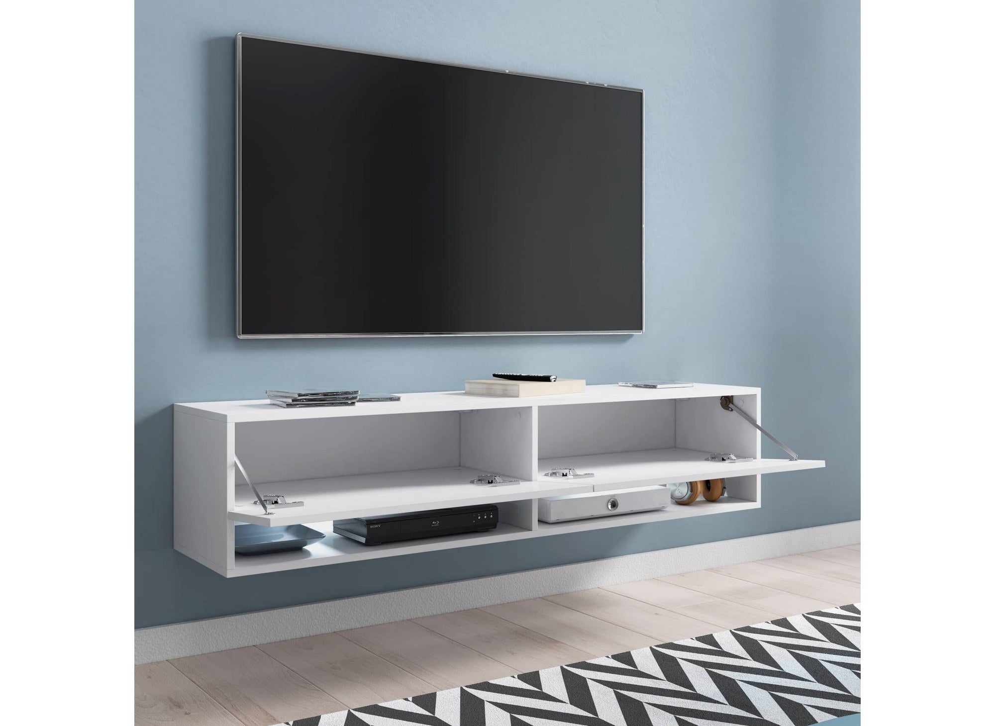 Meuble TV suspendu 1 porte 2 niches blanc ROMANE - 100 cm