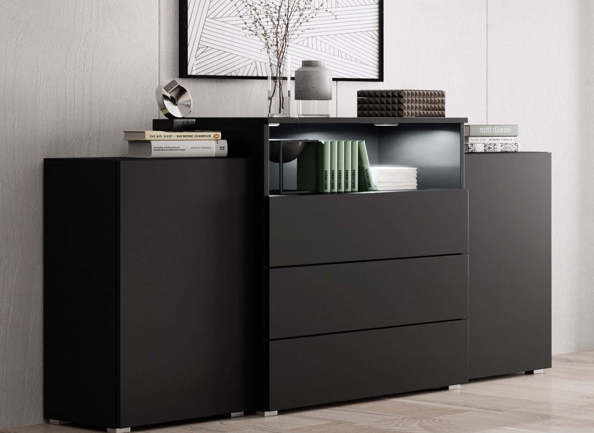 Buffet commodes 2 portes 3 tiroirs noir avec LED - MARCEL