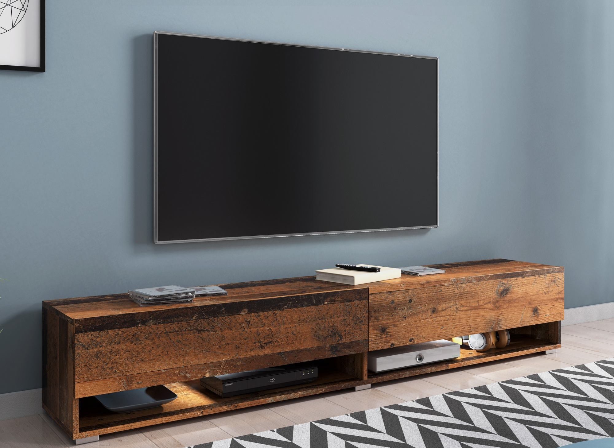 Meuble TV suspendu 2 portes 2 niches en chêne vieilli ROMANE XXL - 180 cm