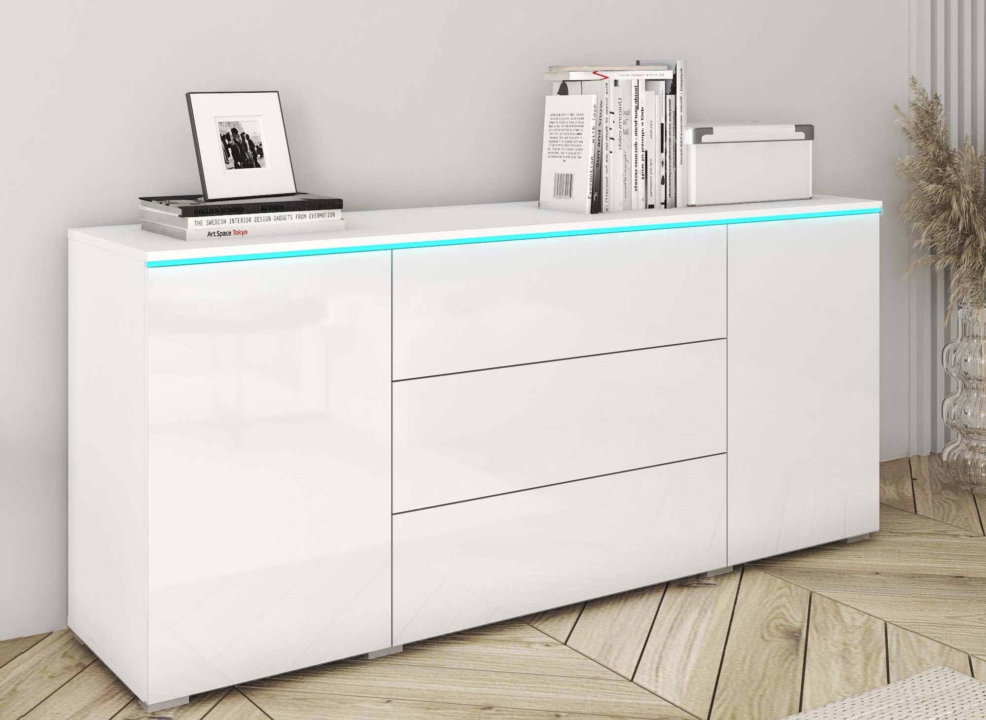 Buffet commode 2 portes 3 tiroirs blanc avec LED - ALEXIA