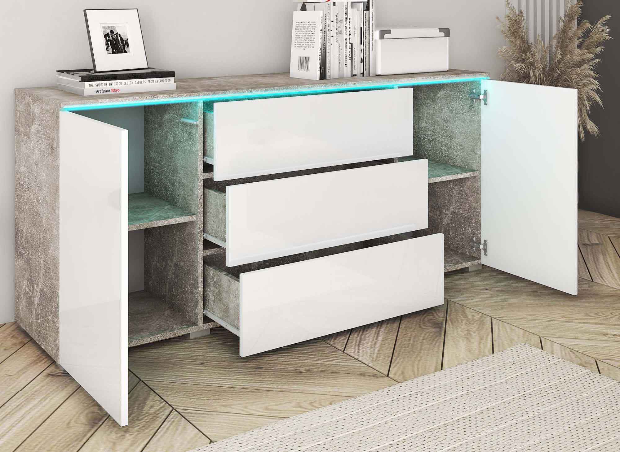 Buffet commode 2 portes 3 tiroirs blanc et béton avec LED - ALEXIA
