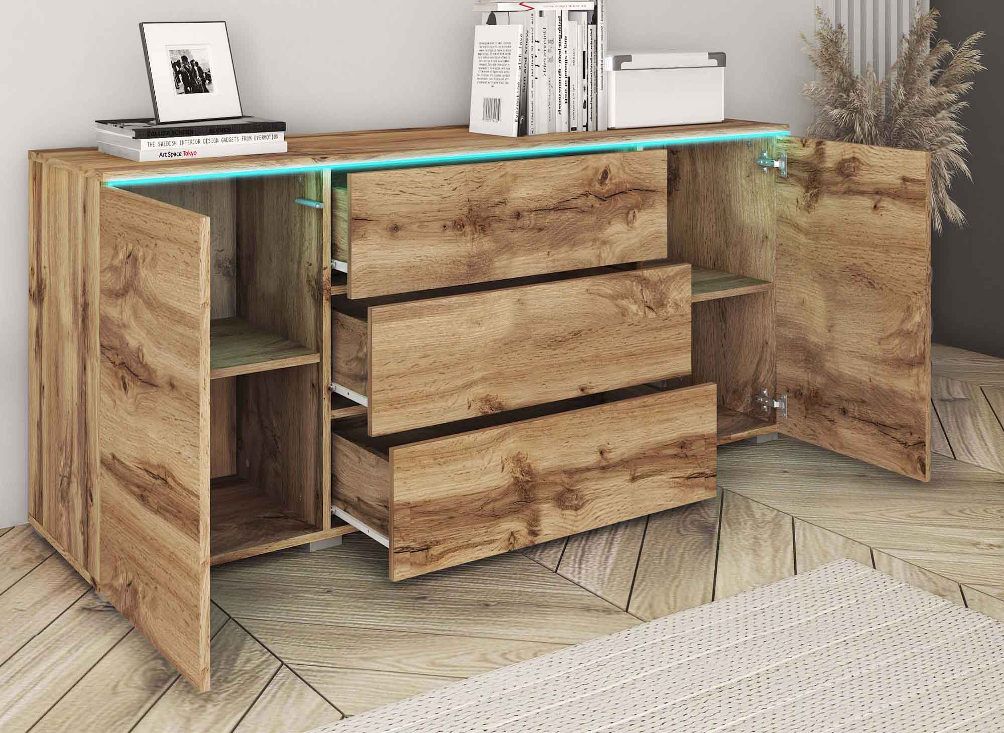 Buffet commode 2 portes 3 tiroirs chêne avec LED - ALEXIA