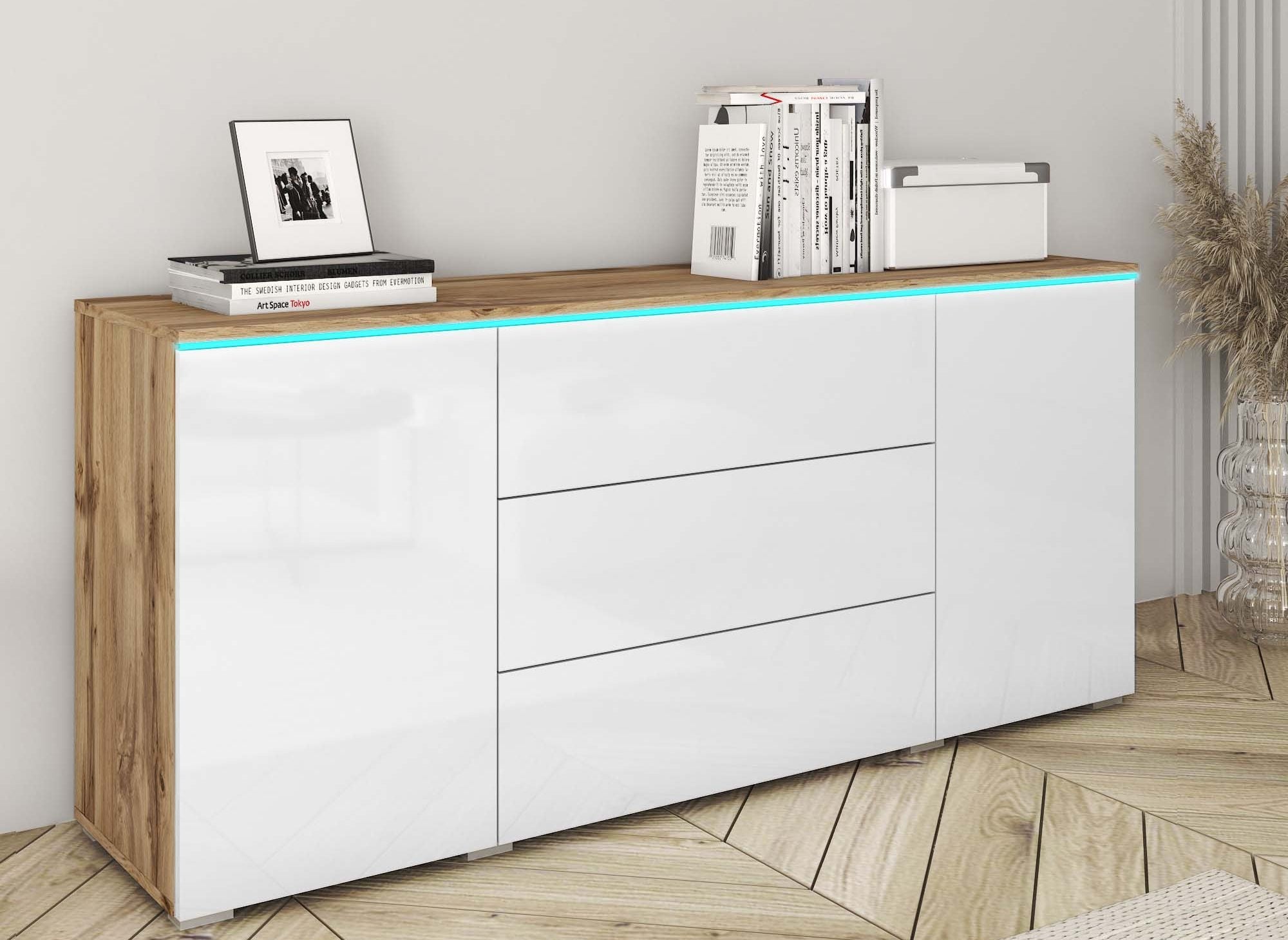 Buffet commode 2 portes 3 tiroirs chêne et blanc avec LED - ALEXIA