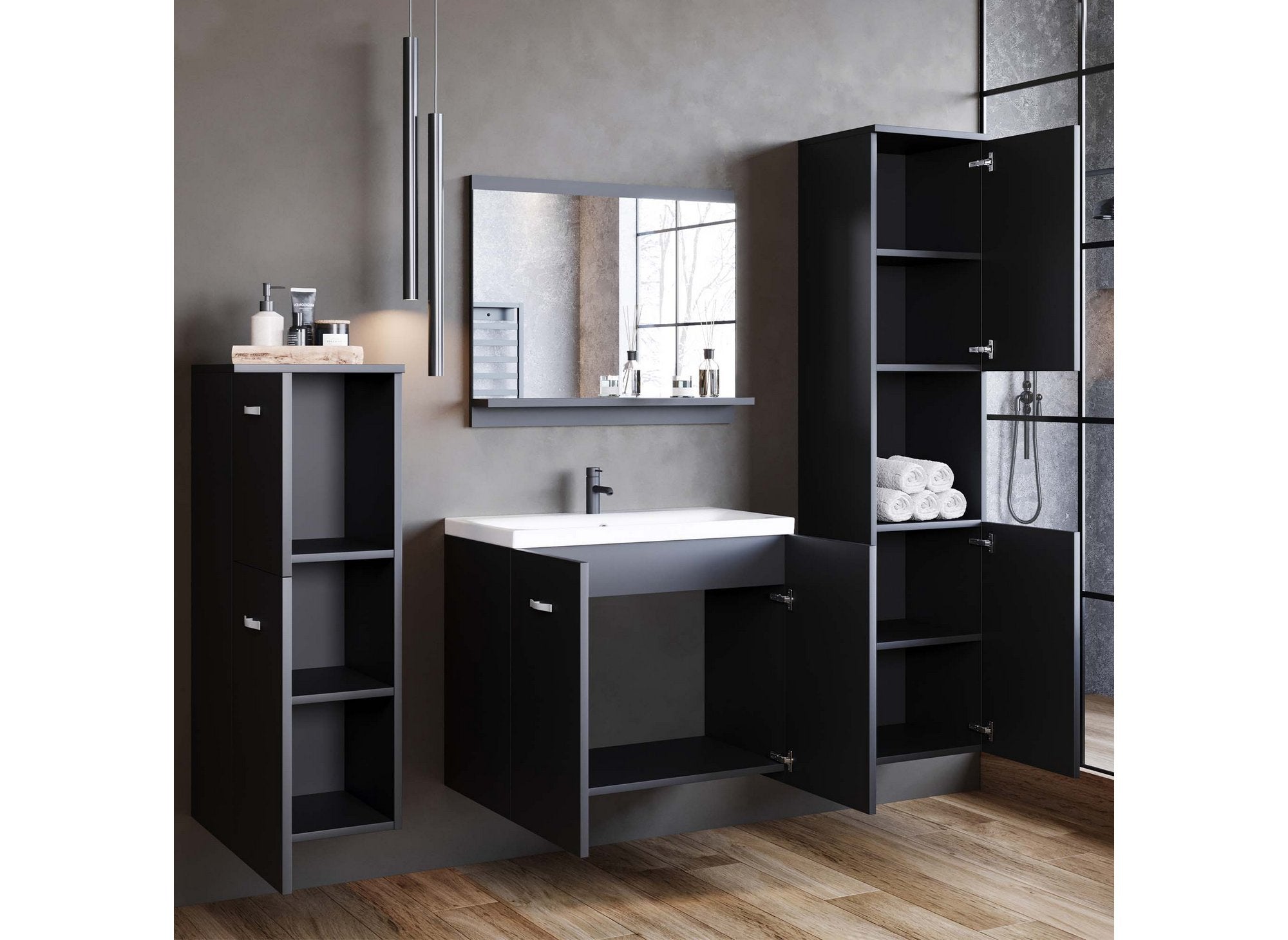 Ensemble meubles salle de bain design suspendu - Noir mat ALBY