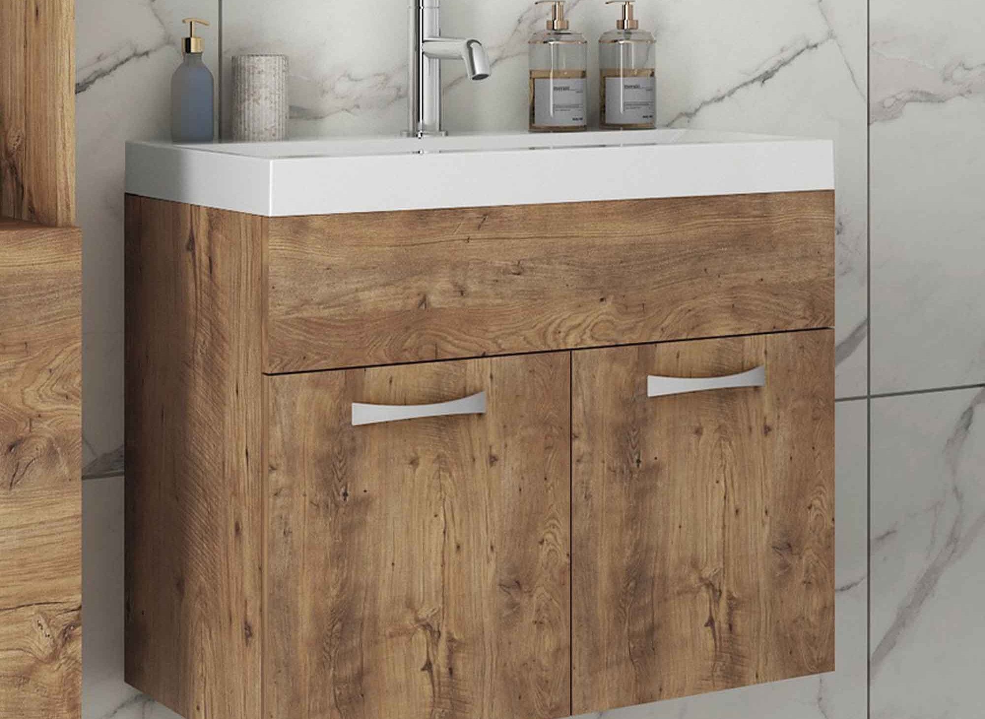 Ensemble meubles salle de bain design suspendu - Bois clair HARMONY