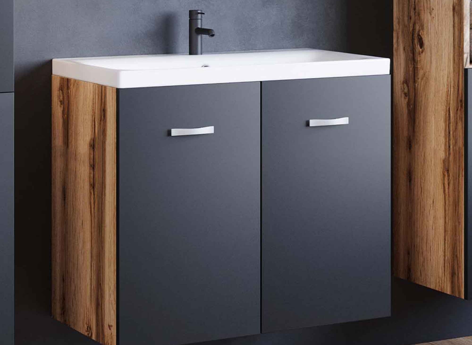 Ensemble meubles salle de bain design suspendu - Bois vieilli noir ALBY