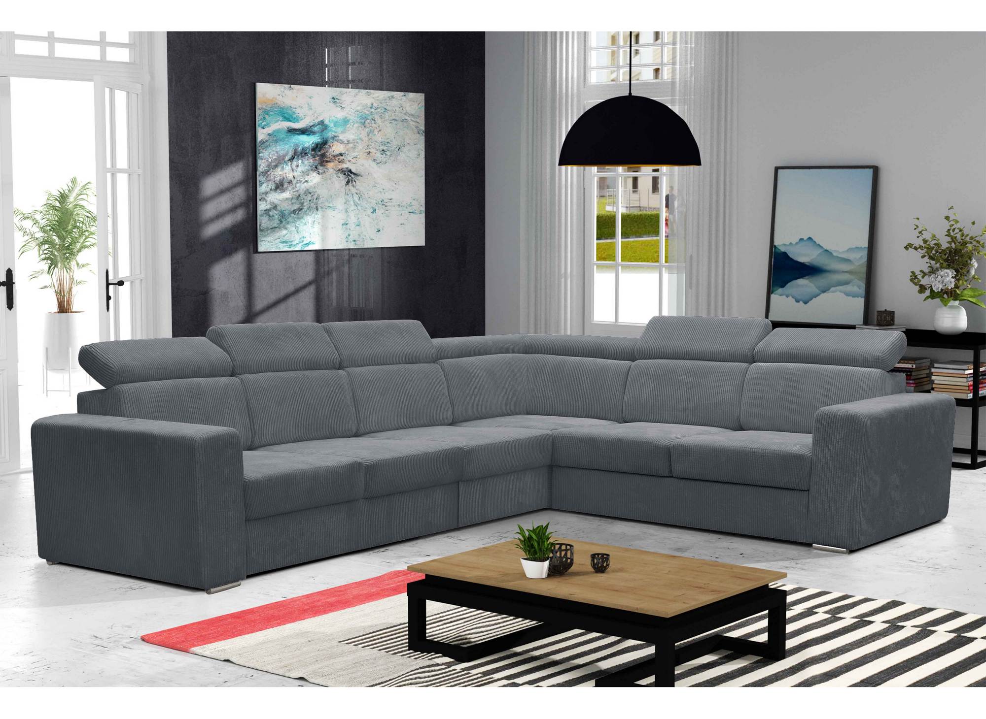 Canapé d'angle convertible et réversible en velours côtelé gris foncé MERYL XL
