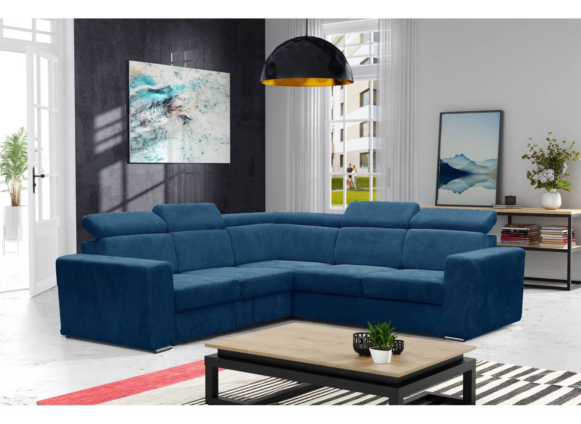 Canapé d'angle convertible et réversible en velours côtelé bleu MERYL