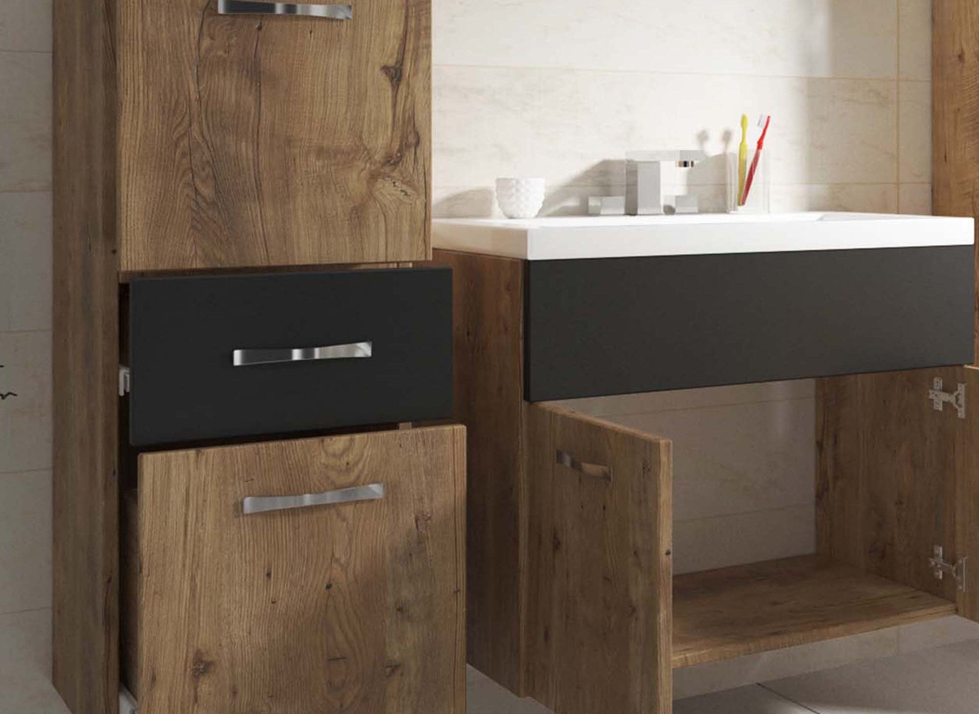 Ensemble meubles salle de bain suspendu - Bois effet vieilli et gris SHELBY