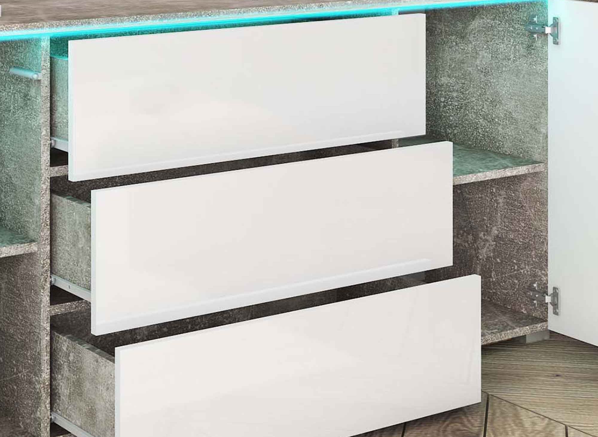 Buffet commode 2 portes 3 tiroirs blanc et béton avec LED - ALEXIA