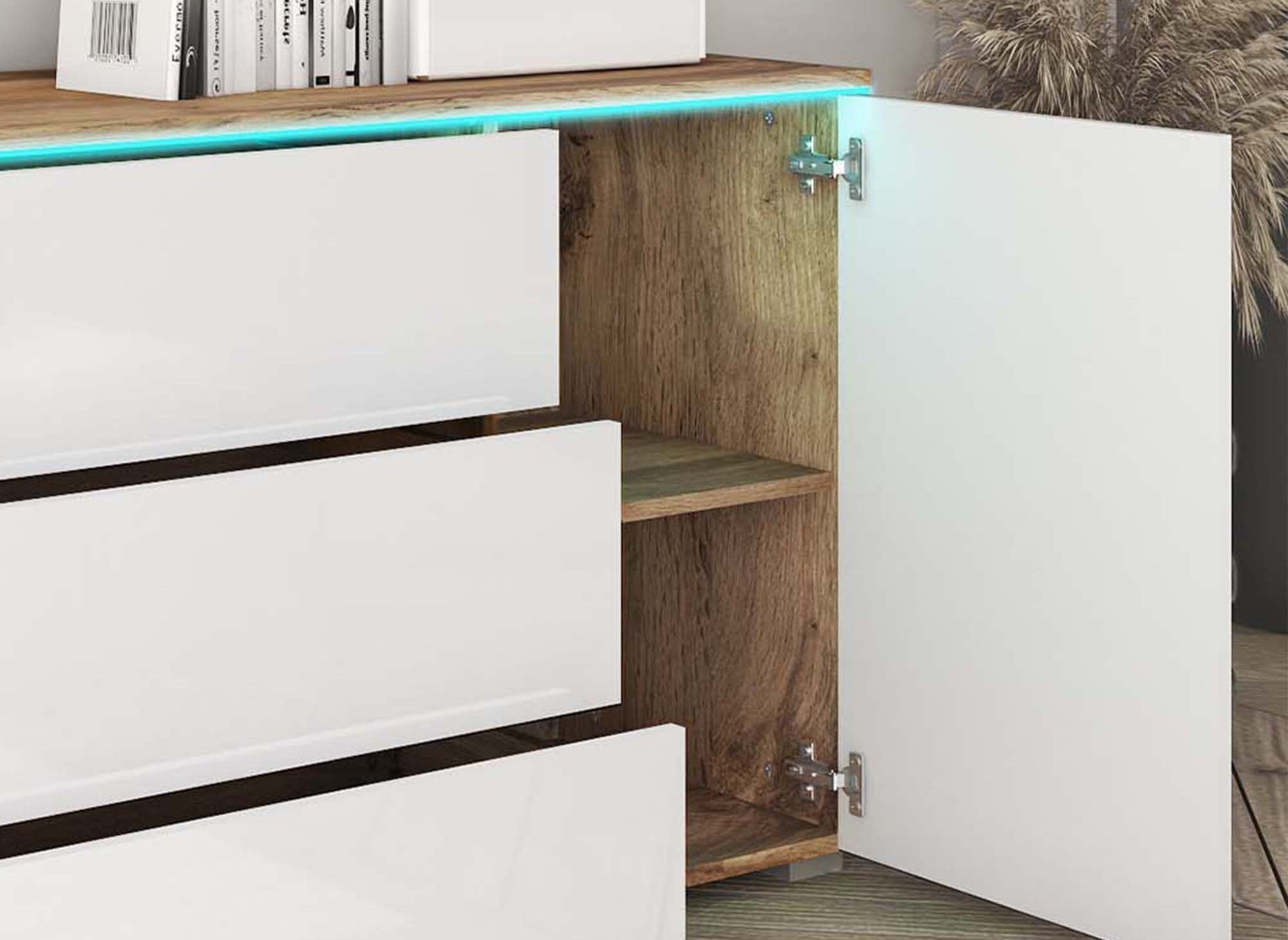 Buffet commode 2 portes 3 tiroirs chêne et blanc avec LED - ALEXIA