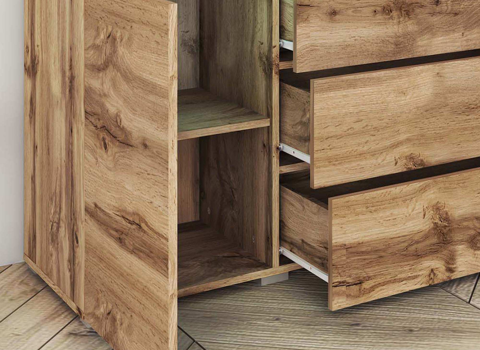 Buffet commode 2 portes 3 tiroirs chêne avec LED - ALEXIA