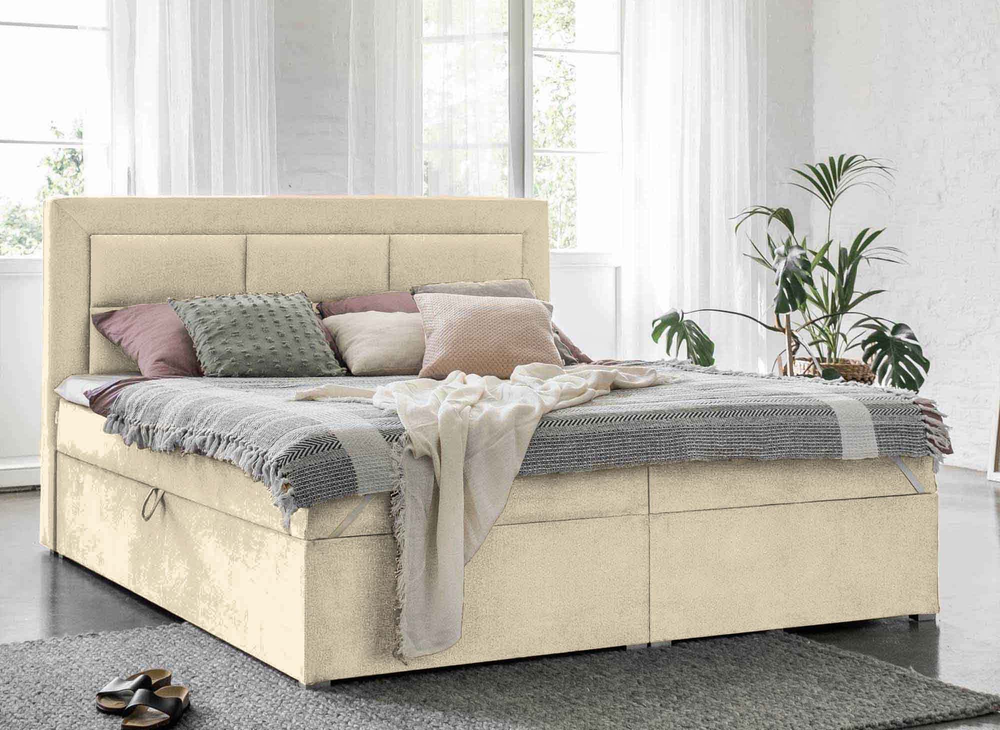 Lit boxspring 160x200 avec coffre de rangement en velours beige DAKOTA