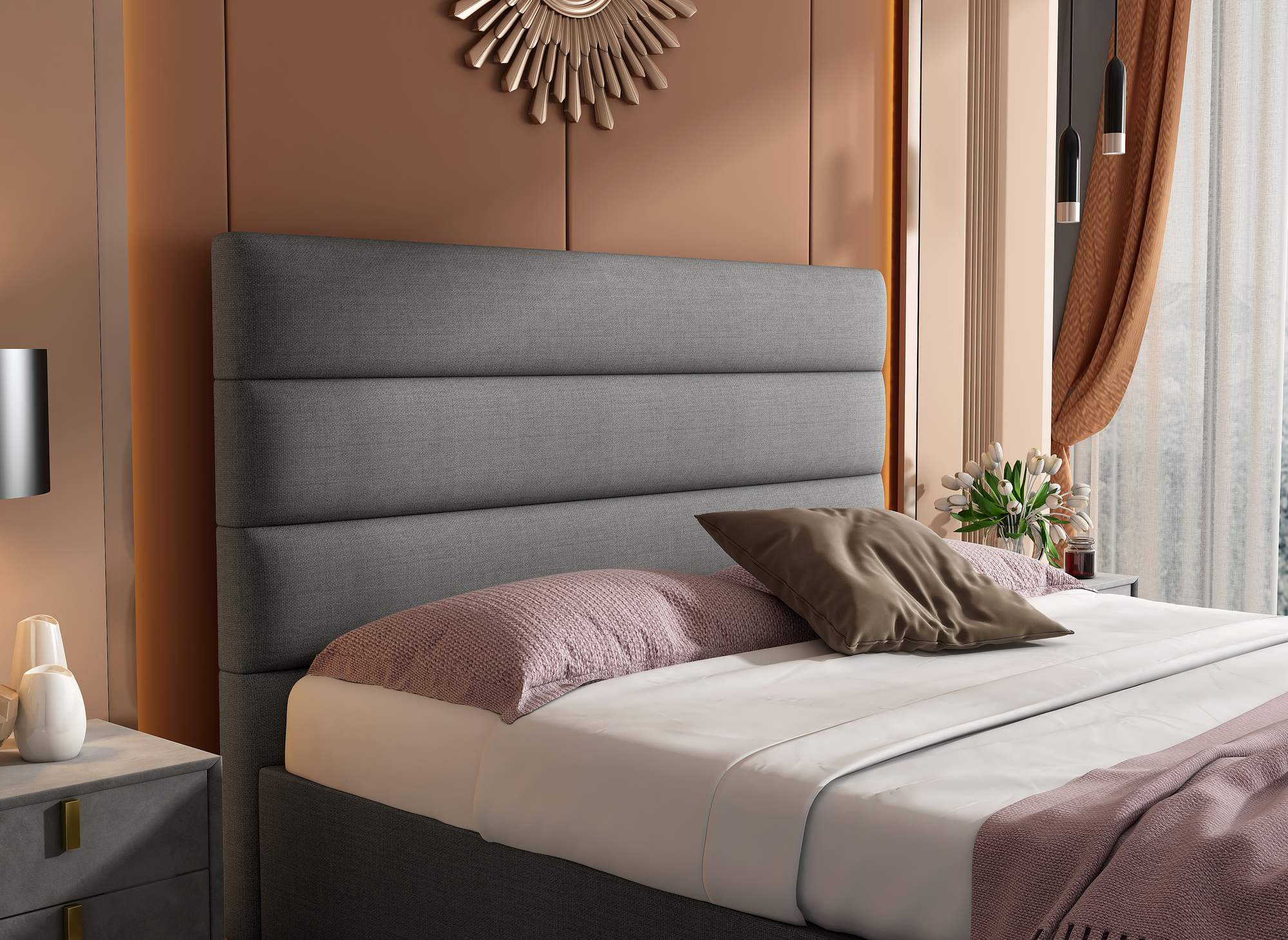 Letto contenitore in tessuto di lino grigio 180 x 200 cm SHANNA