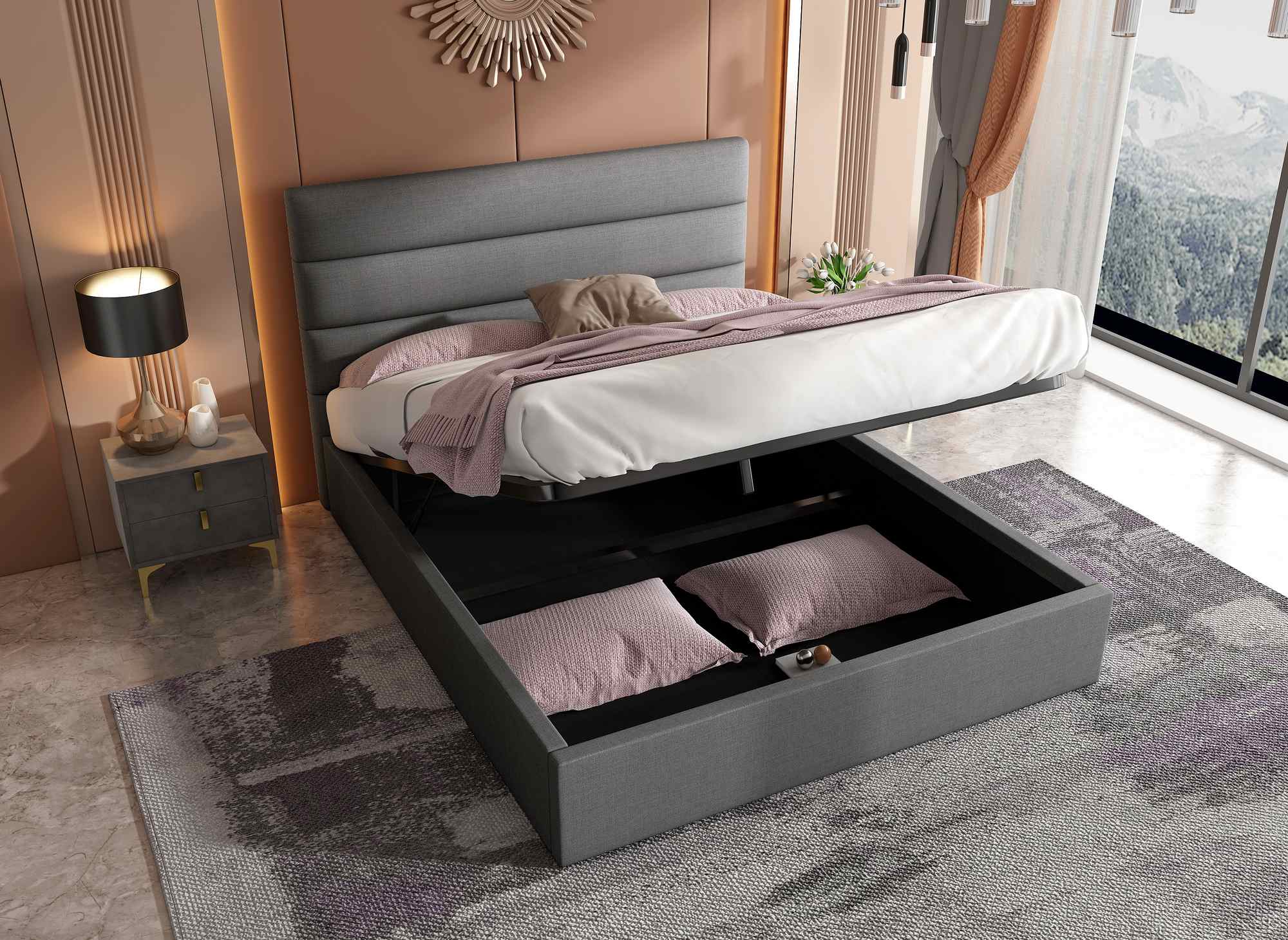 Lit coffre en tissu lin gris 160 x 200 cm SHANNA