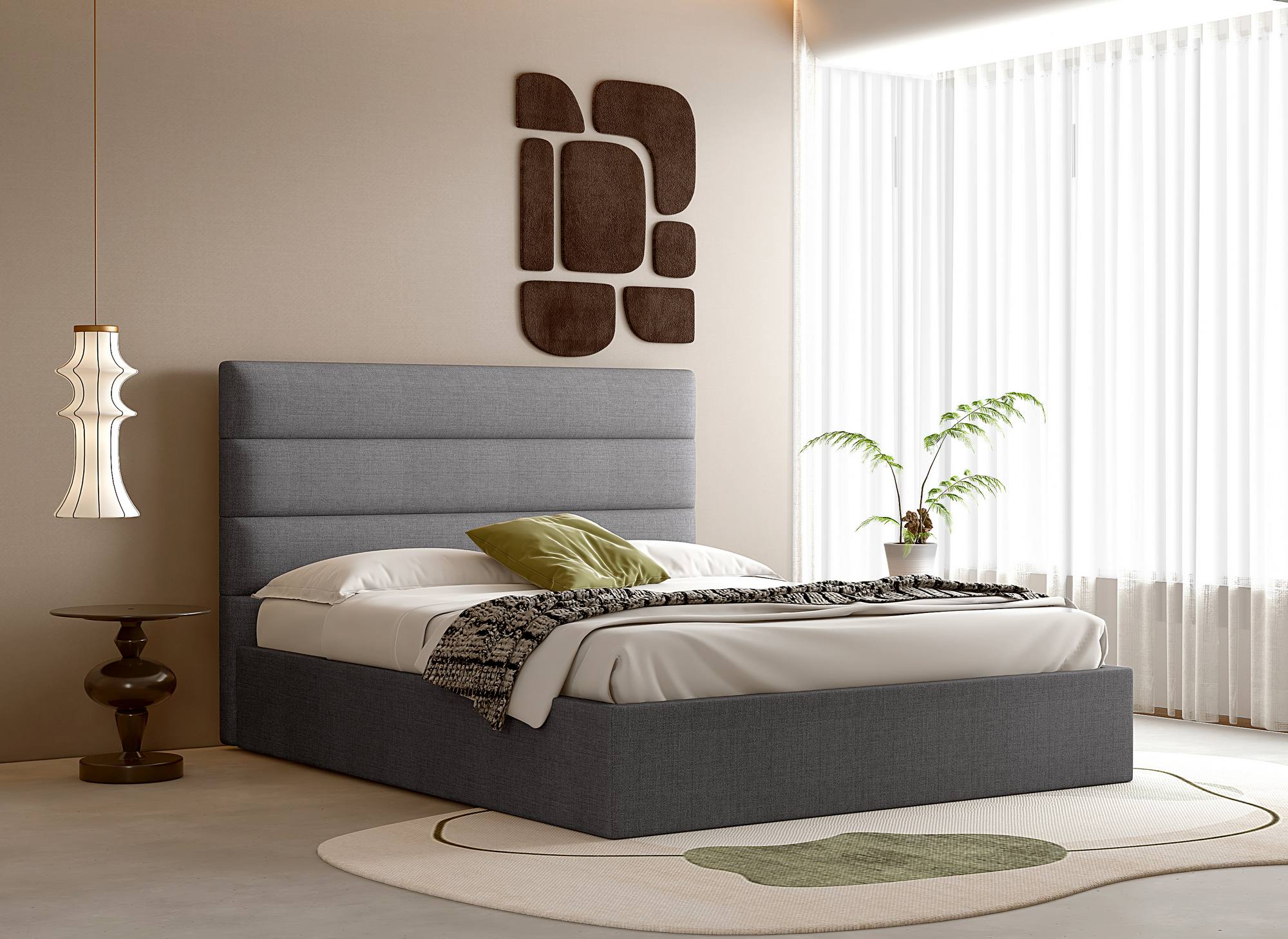 Lit coffre en tissu lin gris 160 x 200 cm SHANNA