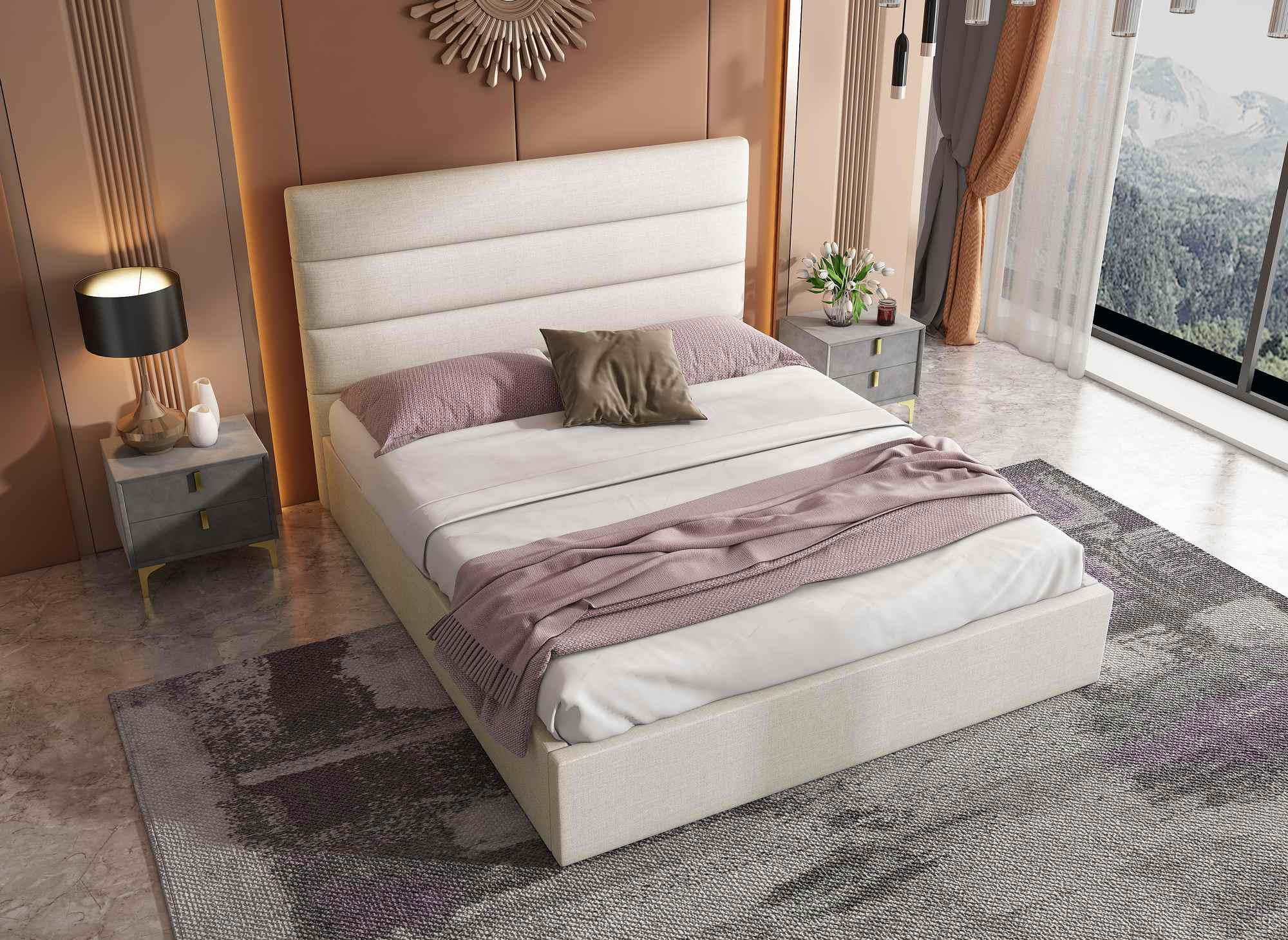 Lit coffre en tissu lin beige 160 x 200 cm SHANNA