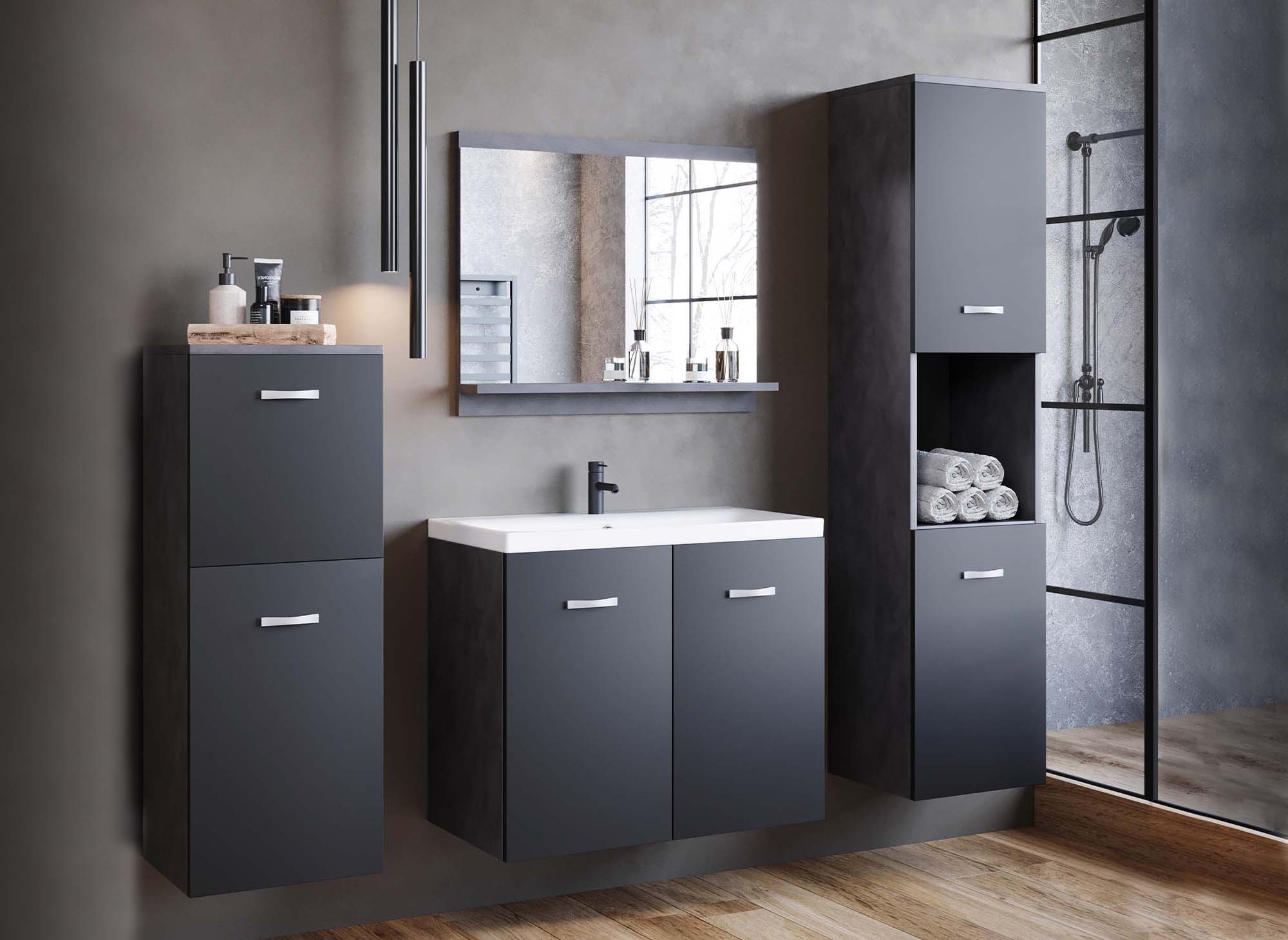 Ensemble meubles salle de bain design suspendu - Gris anthracite et noir ALBY