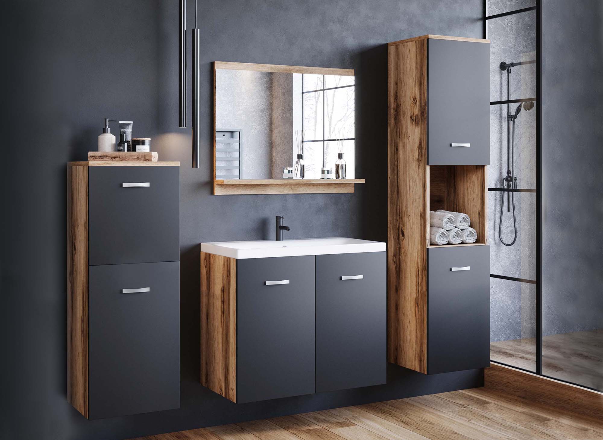 Ensemble meubles salle de bain design suspendu - Bois vieilli noir ALBY