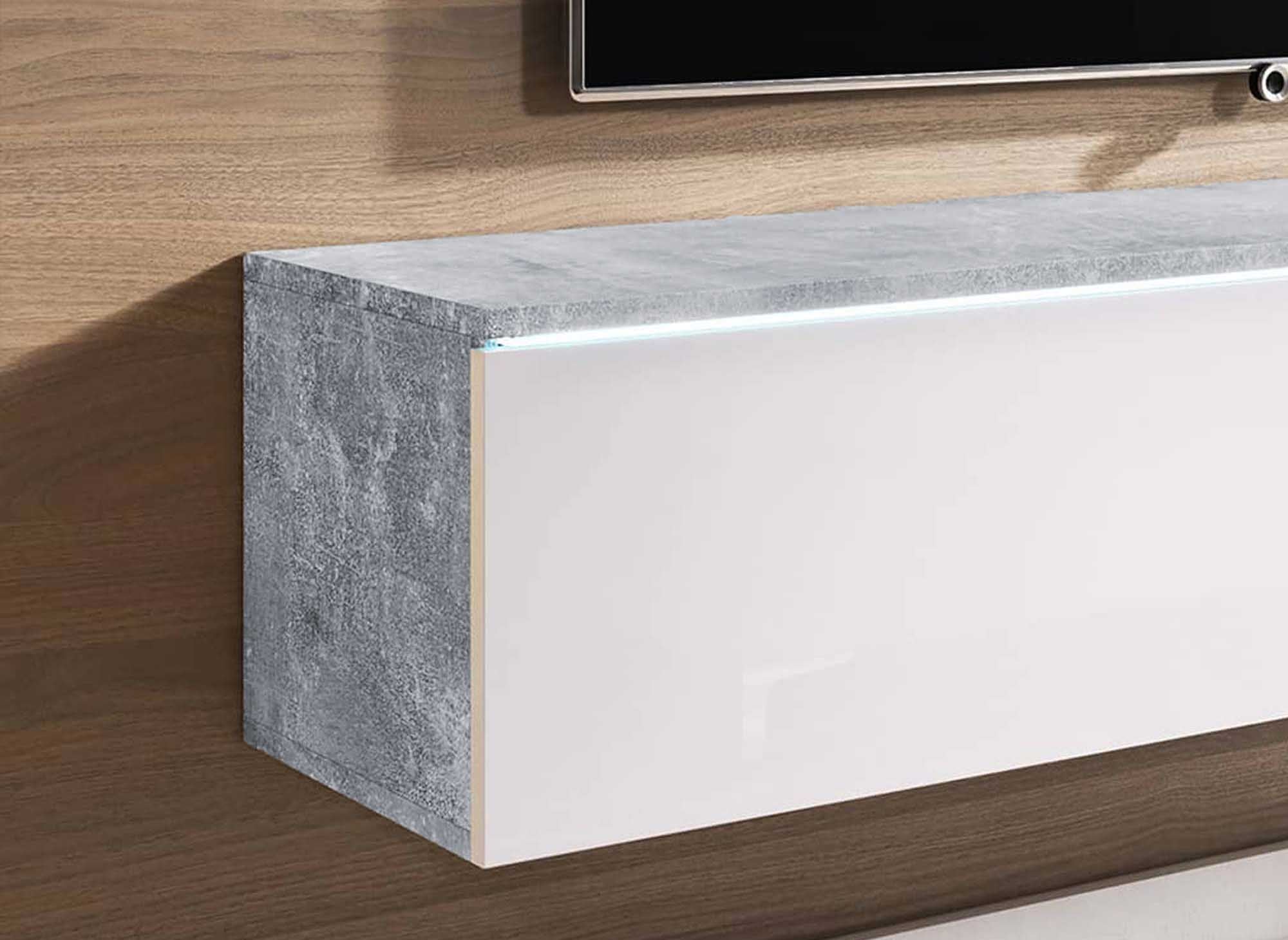 Mobile TV moderno in cemento e laccato bianco con LED 2 ante MALORIE - 140 cm