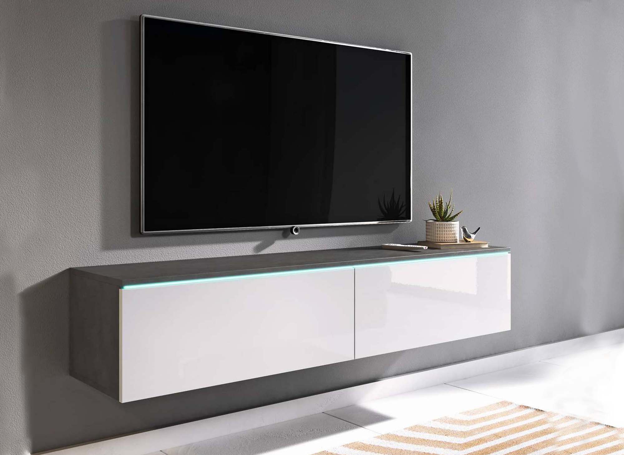 Meuble TV contemporain gris et blanc avec LED 2 portes MALORIE - 180 cm