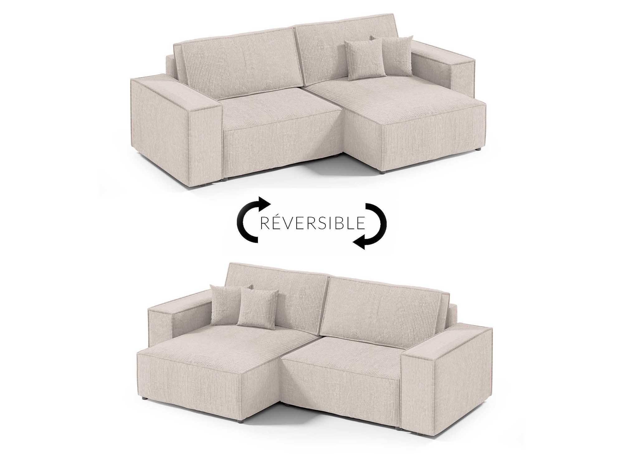 Canapé d'angle convertible et réversible avec coffre en velours côtelé beige JADE MINI