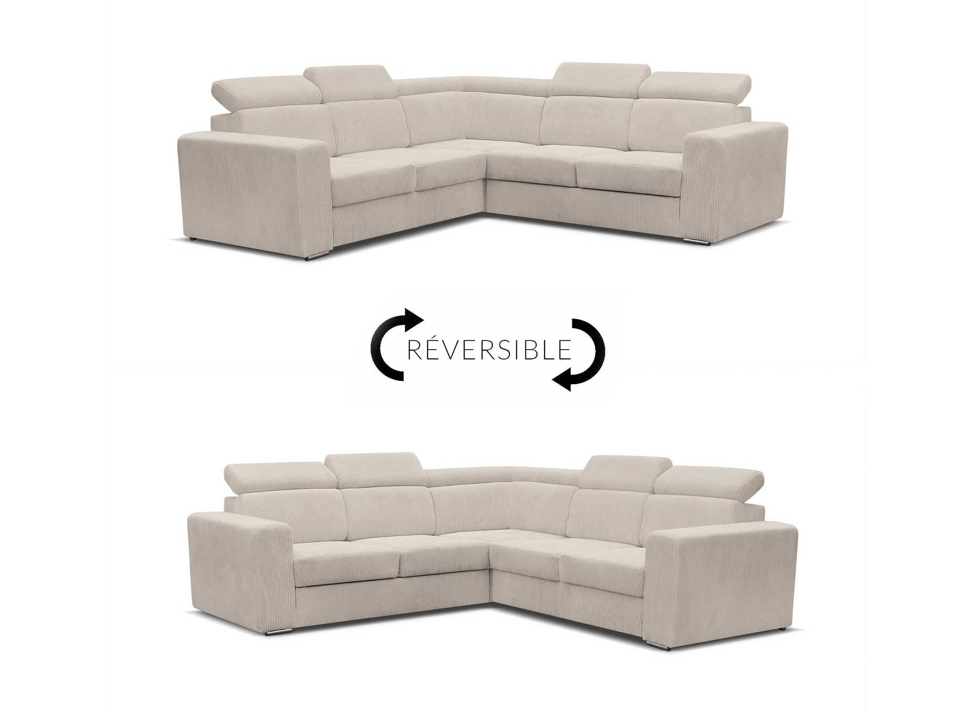 Canapé d'angle convertible et réversible en velours côtelé beige MERYL