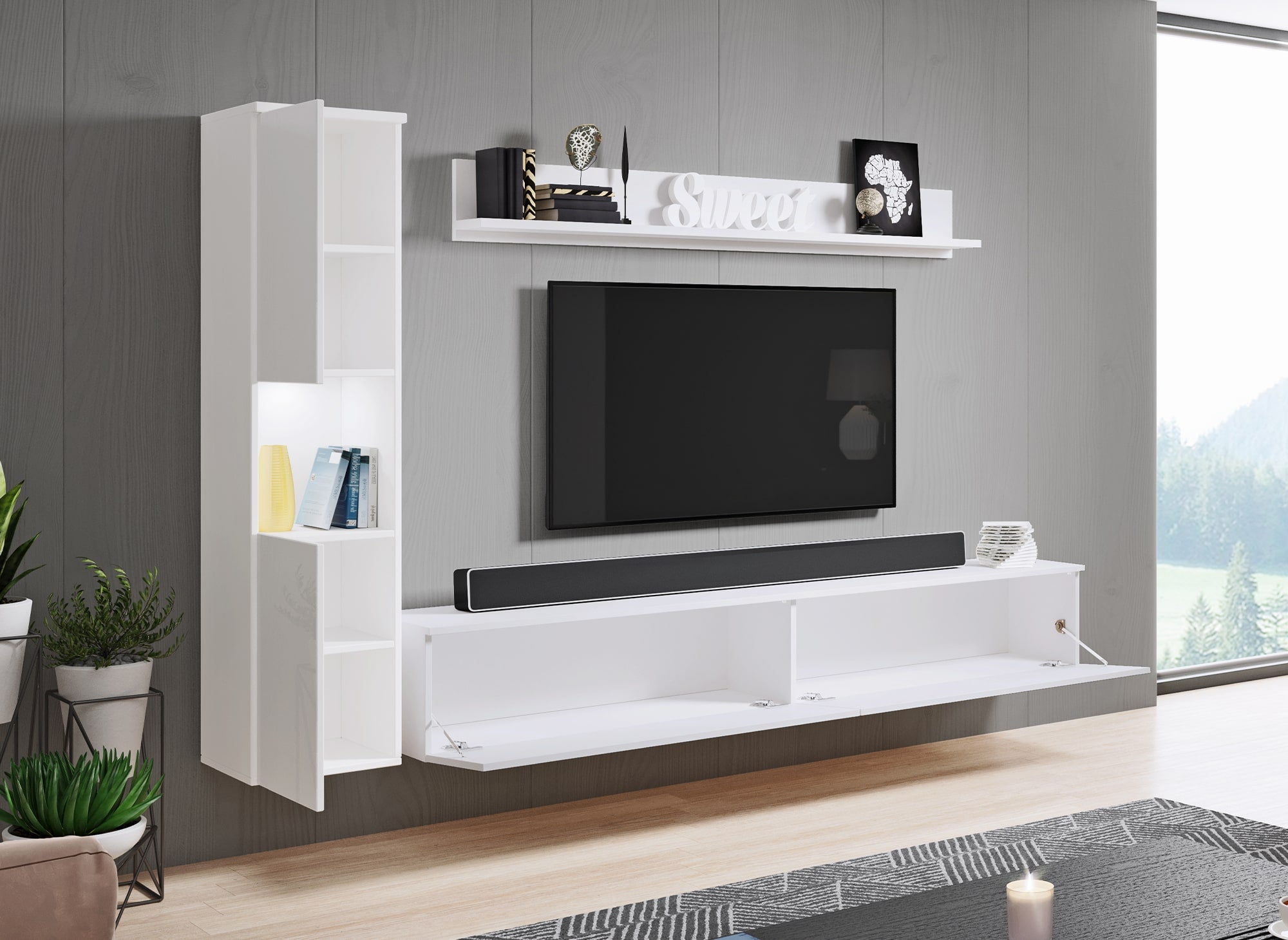 Meuble TV contemporain blanc finition brillant avec LED-ELIOTE