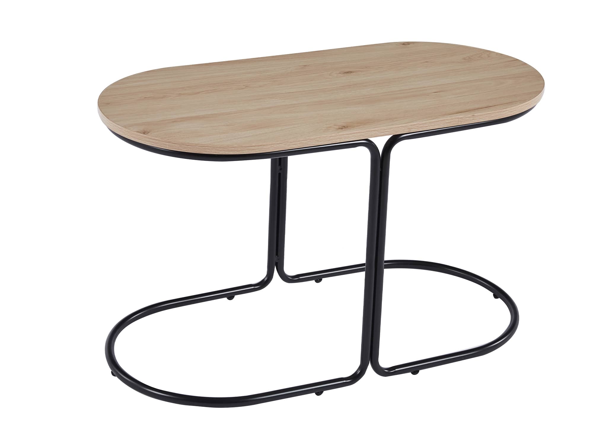 Ensemble table basse couleur bois avec 2 poufs en tissu beige JUDITH