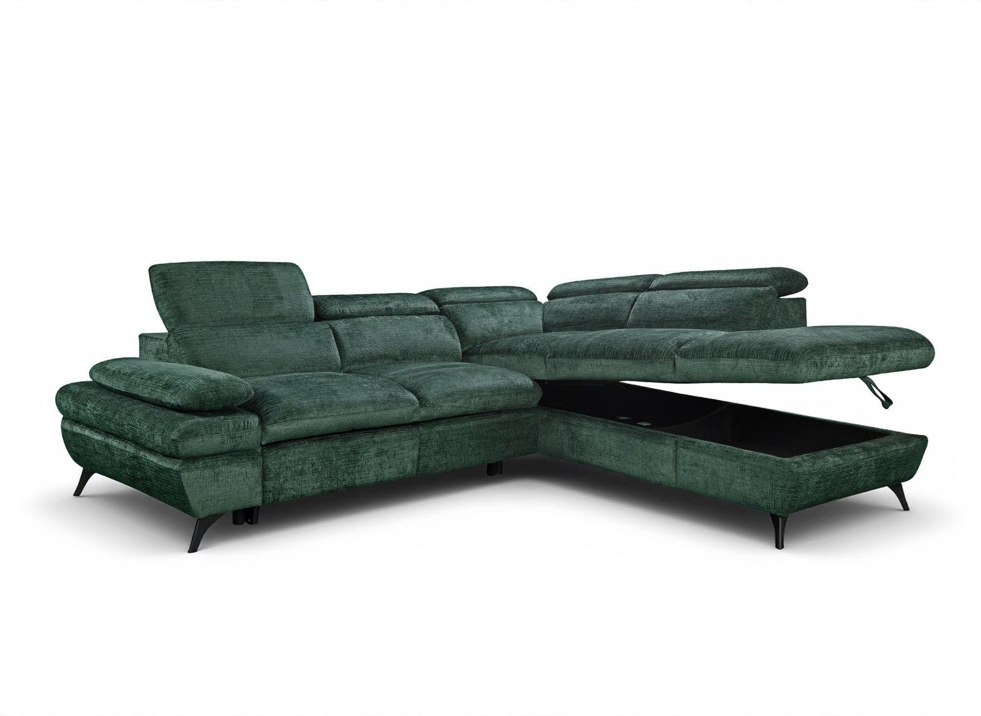 Divano angolare trasformabile con cassapanca in velluto screziato verde LUFY - Angolo retto