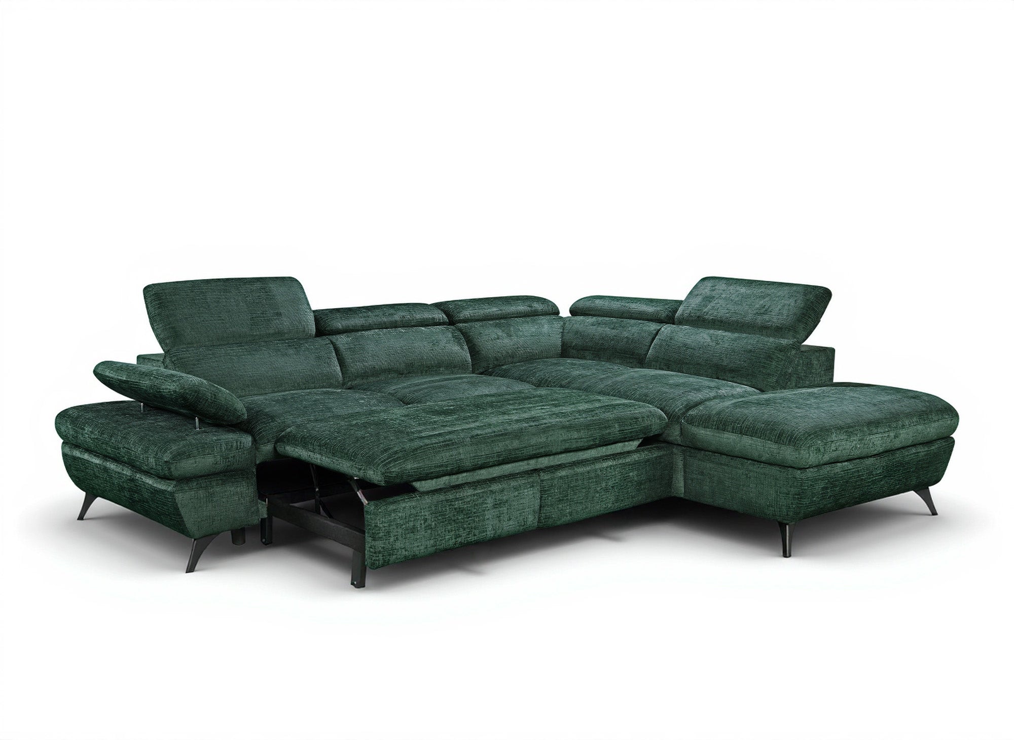 Divano angolare trasformabile con cassapanca in velluto screziato verde LUFY - Angolo retto