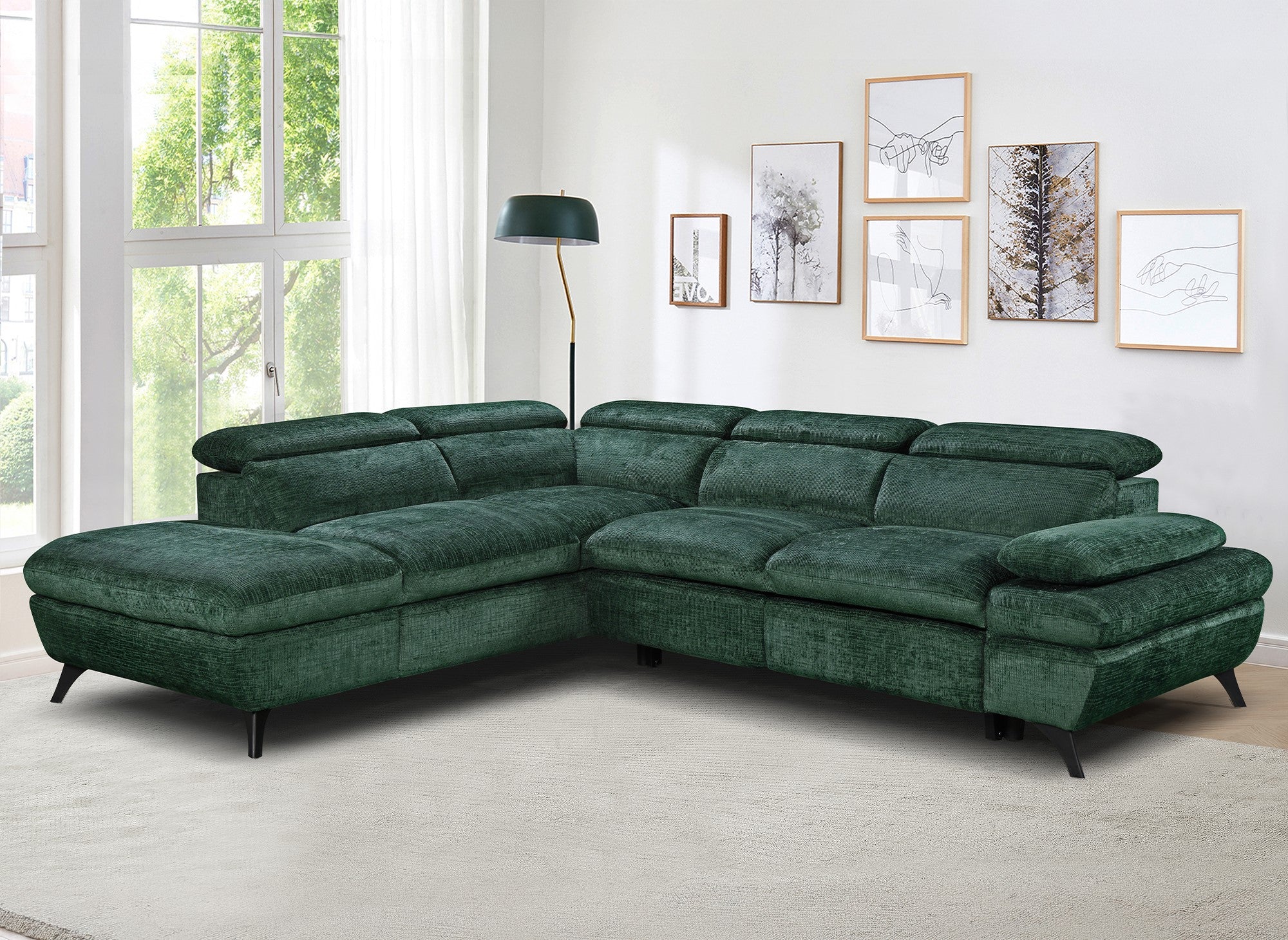 Divano angolare trasformabile con cassapanca in velluto screziato verde LUFY - Angolo sinistro