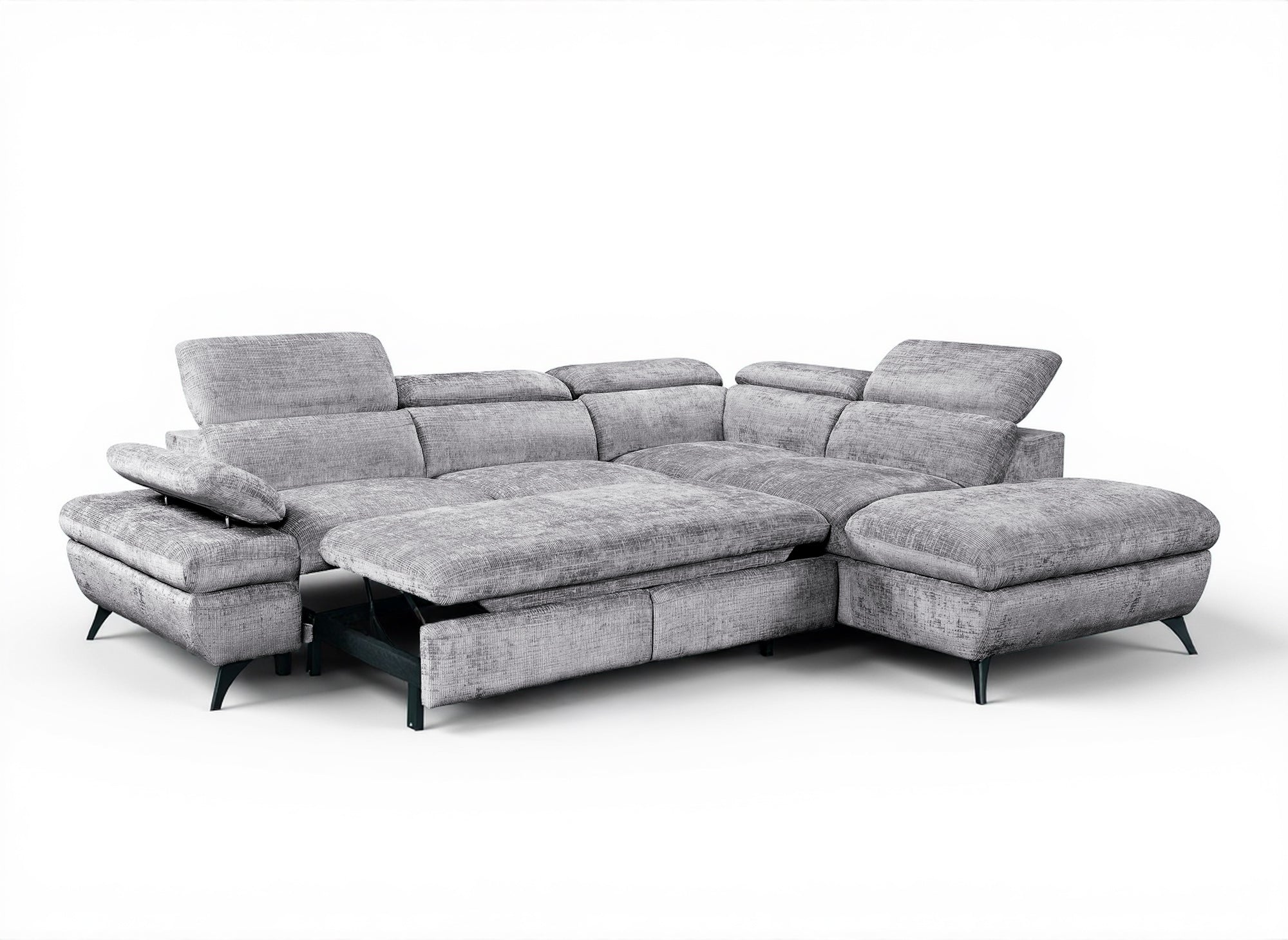 Divano angolare trasformabile con cassapanca in velluto mélange grigio LUFY - Angolo retto