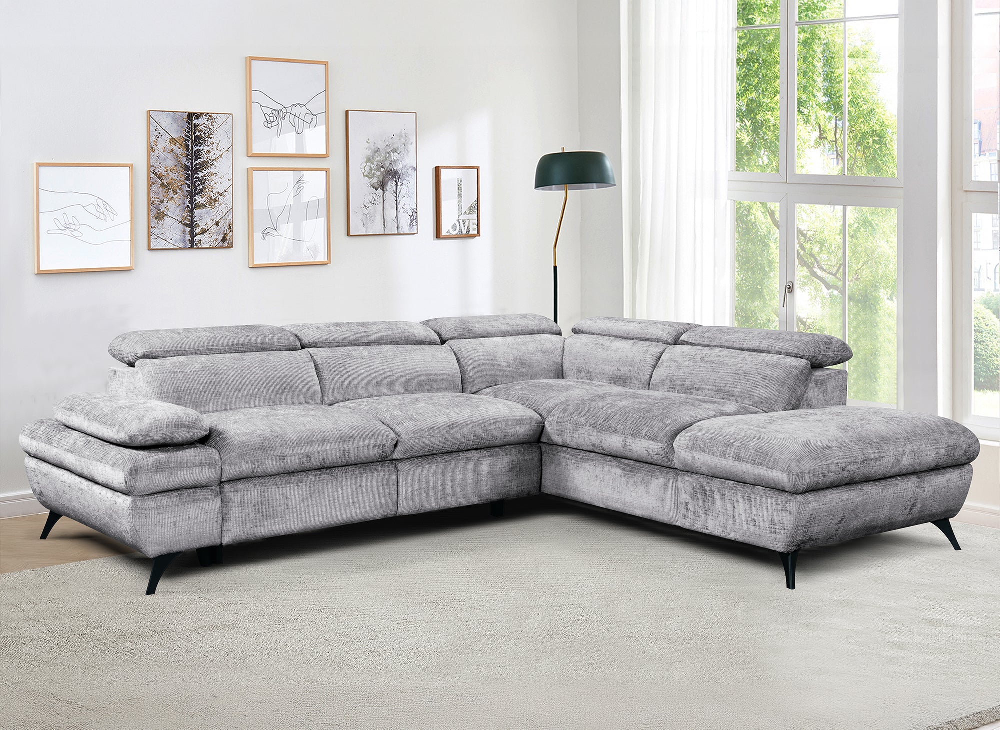 Divano angolare trasformabile con cassapanca in velluto mélange grigio LUFY - Angolo retto