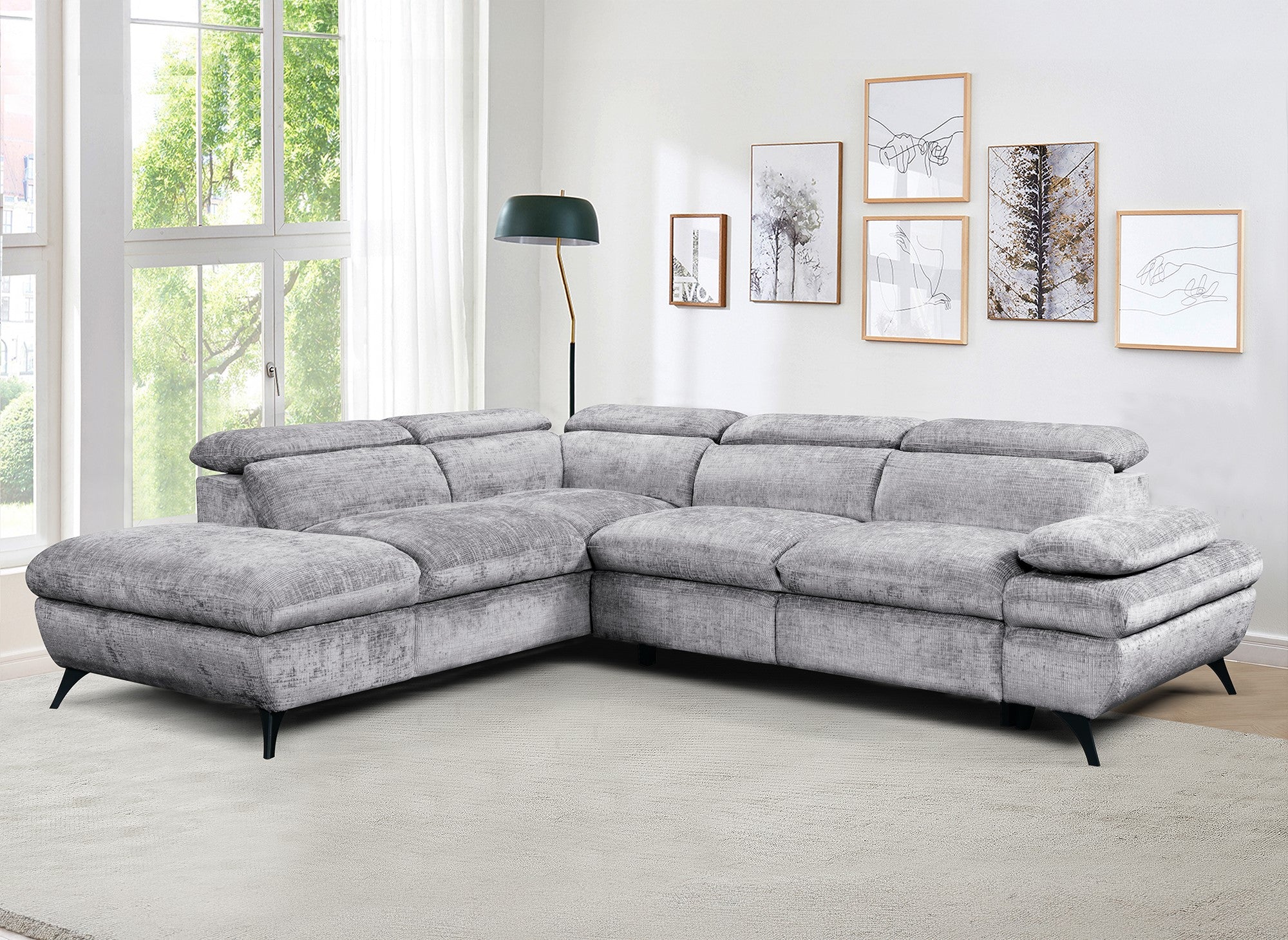 Divano angolare trasformabile con cassapanca in velluto mélange grigio LUFY - Angolo sinistro