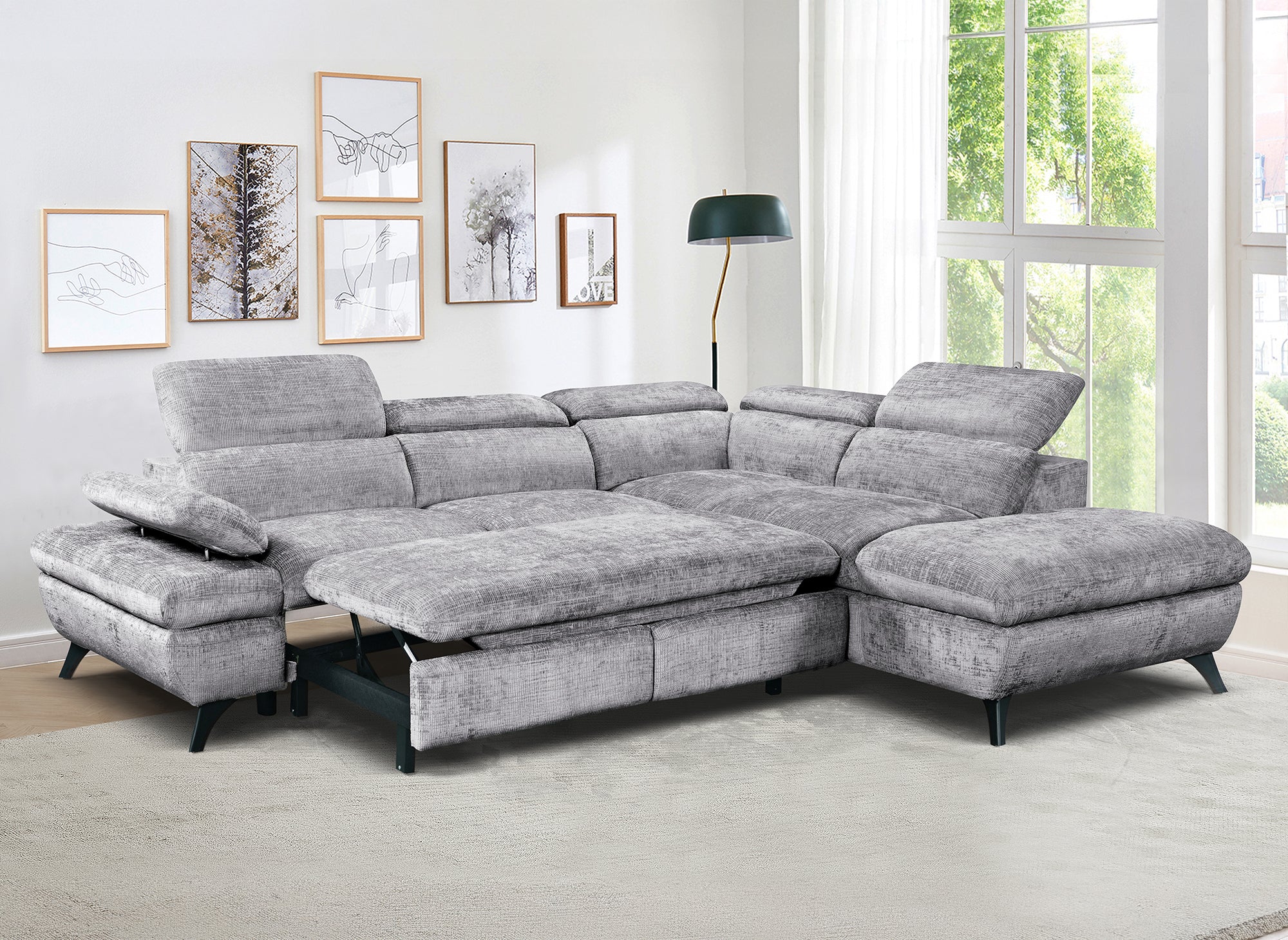 Divano angolare trasformabile con cassapanca in velluto mélange grigio LUFY - Angolo retto