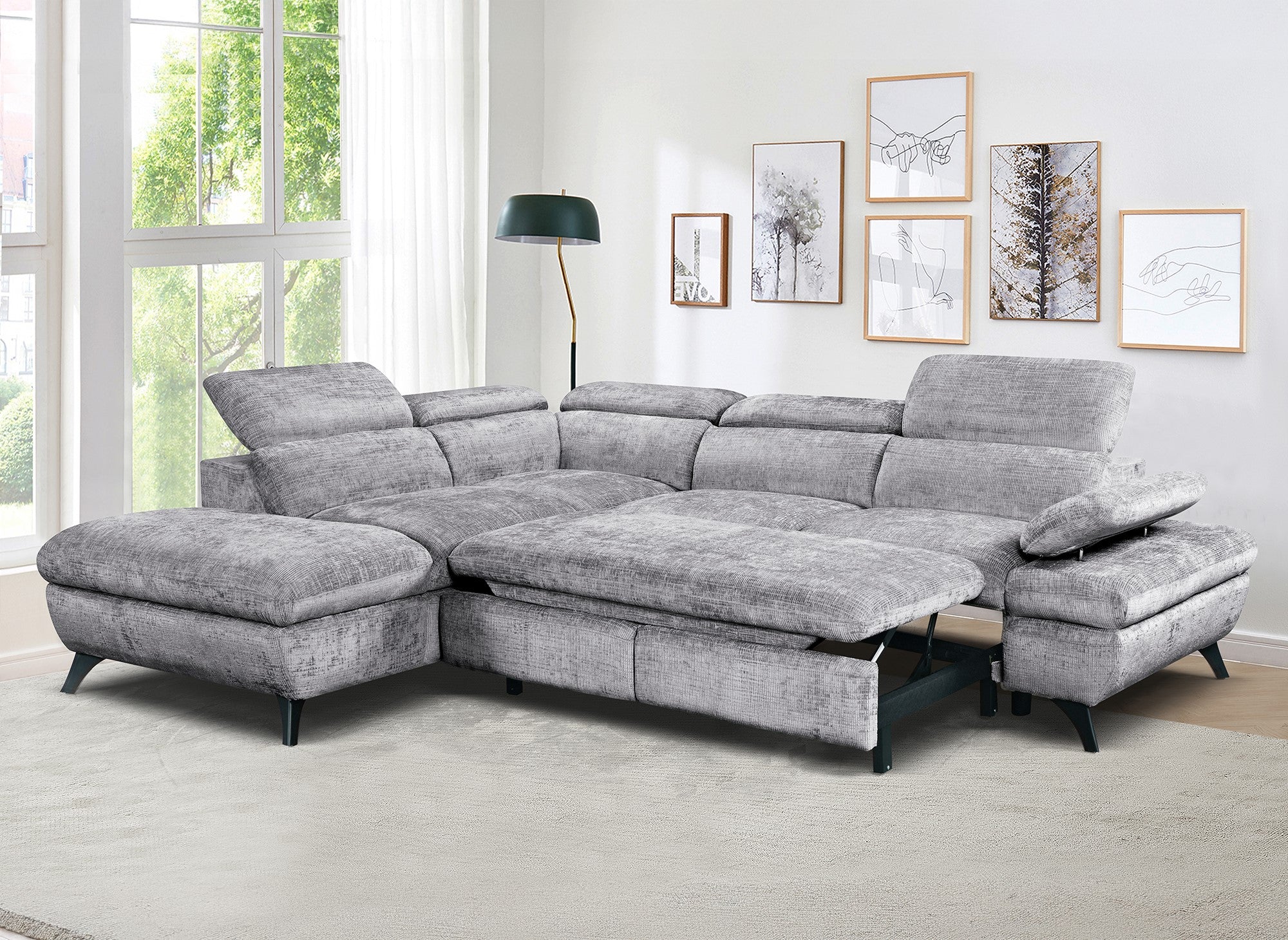 Divano angolare trasformabile con cassapanca in velluto mélange grigio LUFY - Angolo sinistro