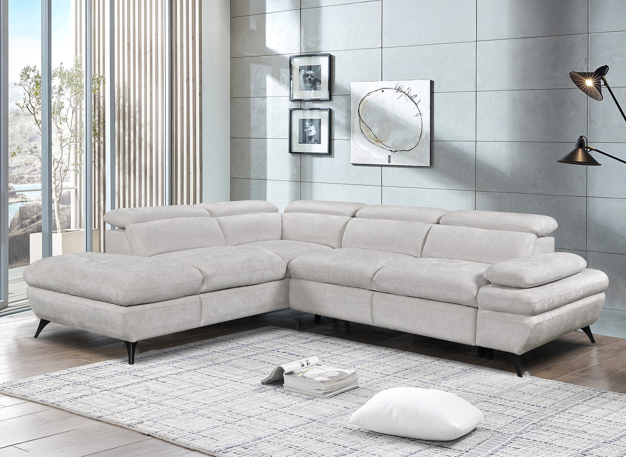 Divano angolare trasformabile con cassapanca in velluto screziato bianco ecrù LUFY - Angolo sinistro