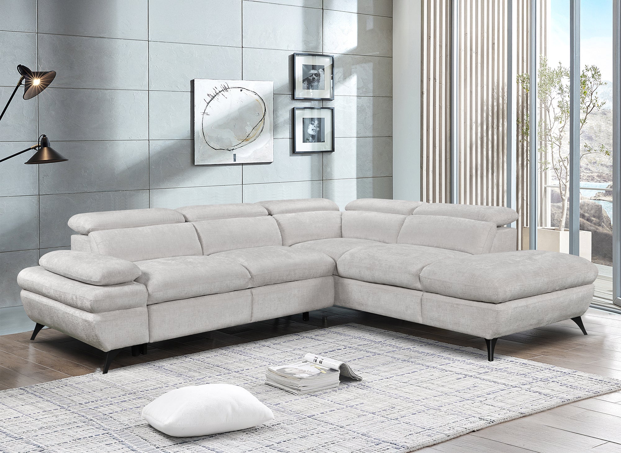 Divano angolare trasformabile con cassapanca in velluto screziato bianco ecrù LUFY - Angolo retto