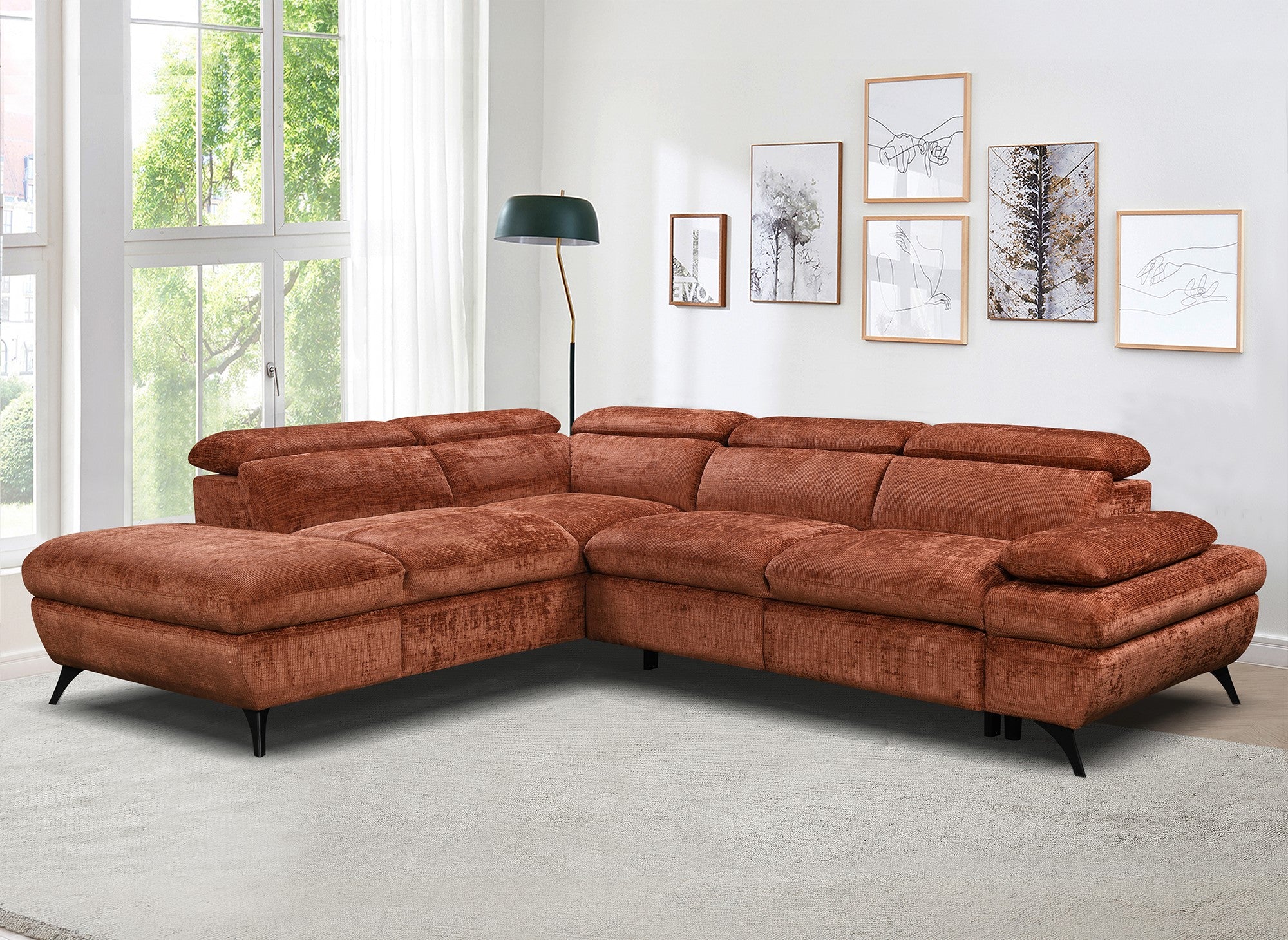 Divano angolare trasformabile con cassapanca in velluto screziato terracotta LUFY - Angolo sinistro